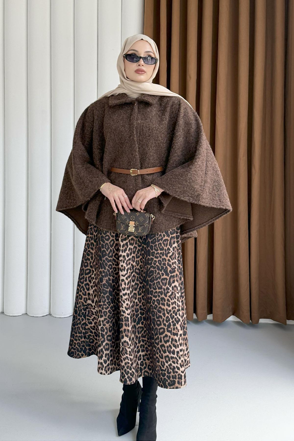 Düğmeli Kemer Detaylı Kırçıllı Kaşe Pelerin Panço-ACI KAHVE