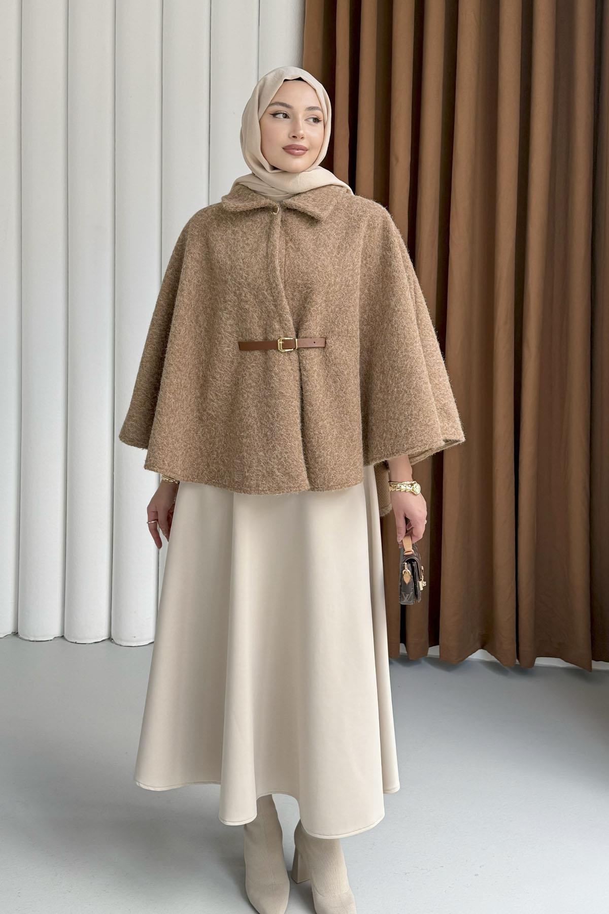 Düğmeli Kemer Detaylı Kırçıllı Kaşe Pelerin Panço-TOPRAK