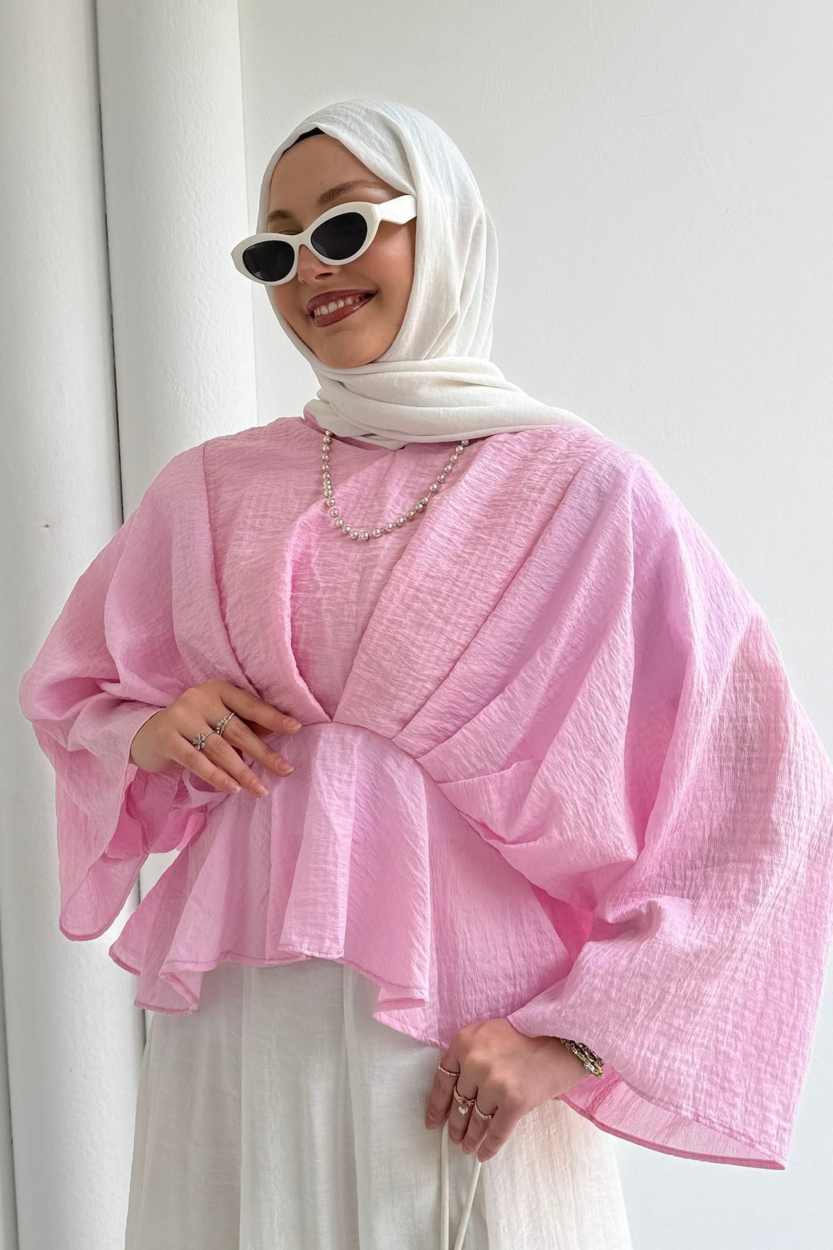 Düşük Kol Pile Detaylı Gömlek-PEMBE