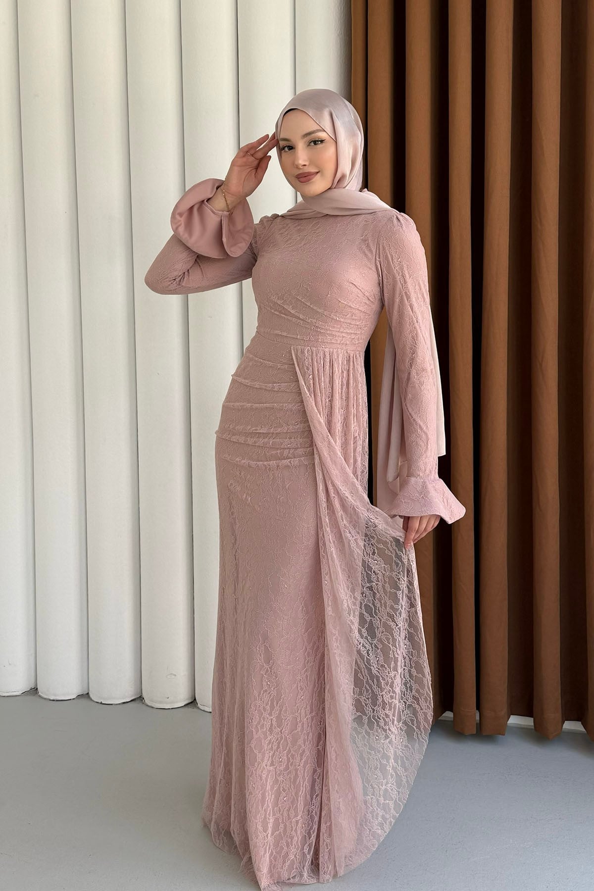 Elegance Dantel ve Volan Detaylı Tesettür Abiye-GÜL KURUSU