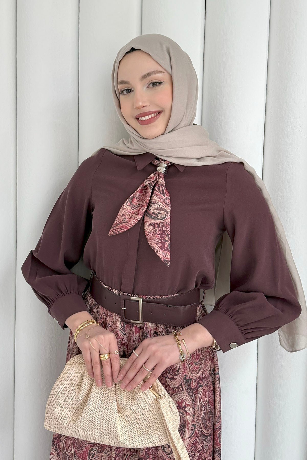 Etek Desenli Üst Fular Detaylı Tesettür Takım-BORDO
