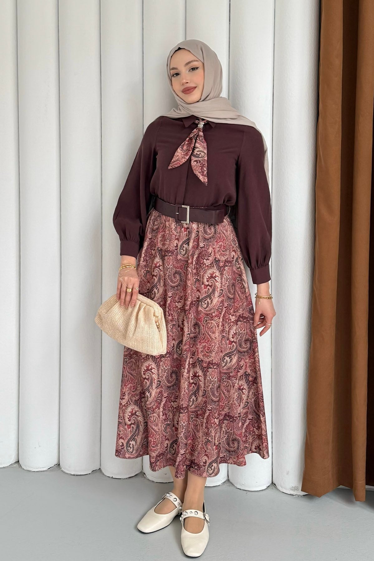 Etek Desenli Üst Fular Detaylı Tesettür Takım-BORDO