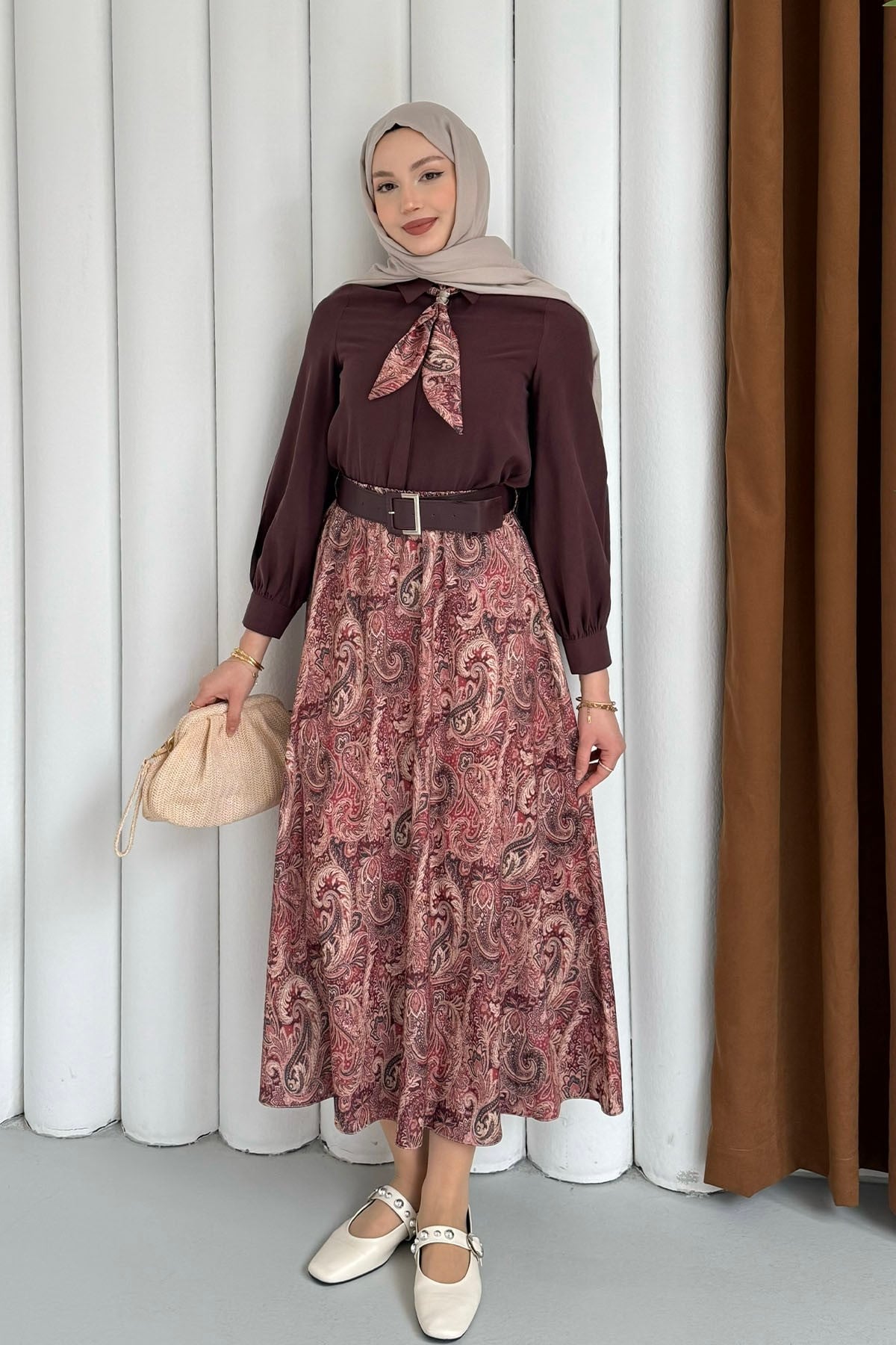 Etek Desenli Üst Fular Detaylı Tesettür Takım-BORDO