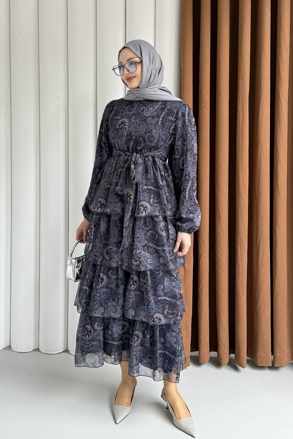 Etnik Desen Kat Katlı Kemerli Şifon Tesettür Elbise-LACİVERT