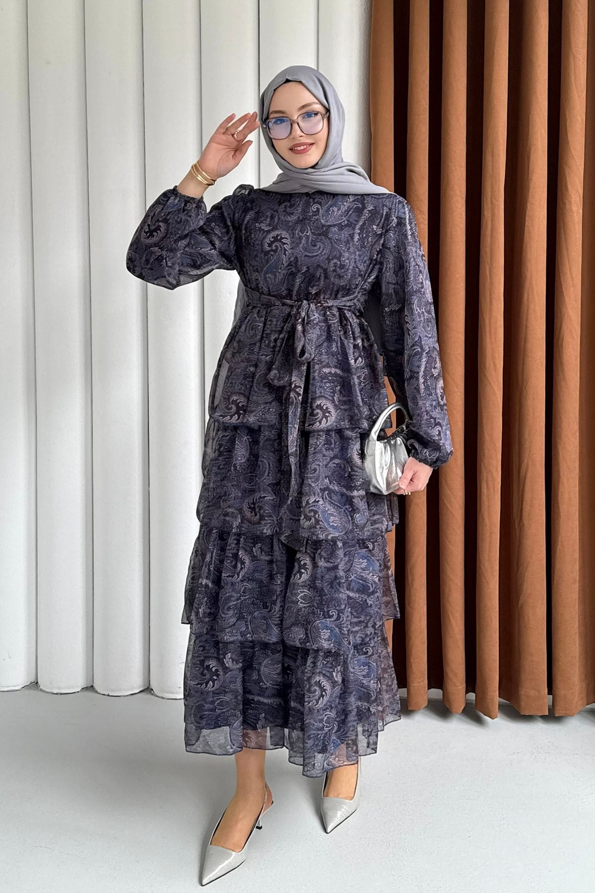 Etnik Desen Kat Katlı Kemerli Şifon Tesettür Elbise-LACİVERT