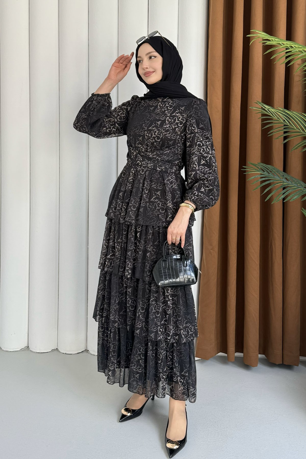 Etnik Desen Kat Katlı Şifon Tesettür Elbise-SİYAH