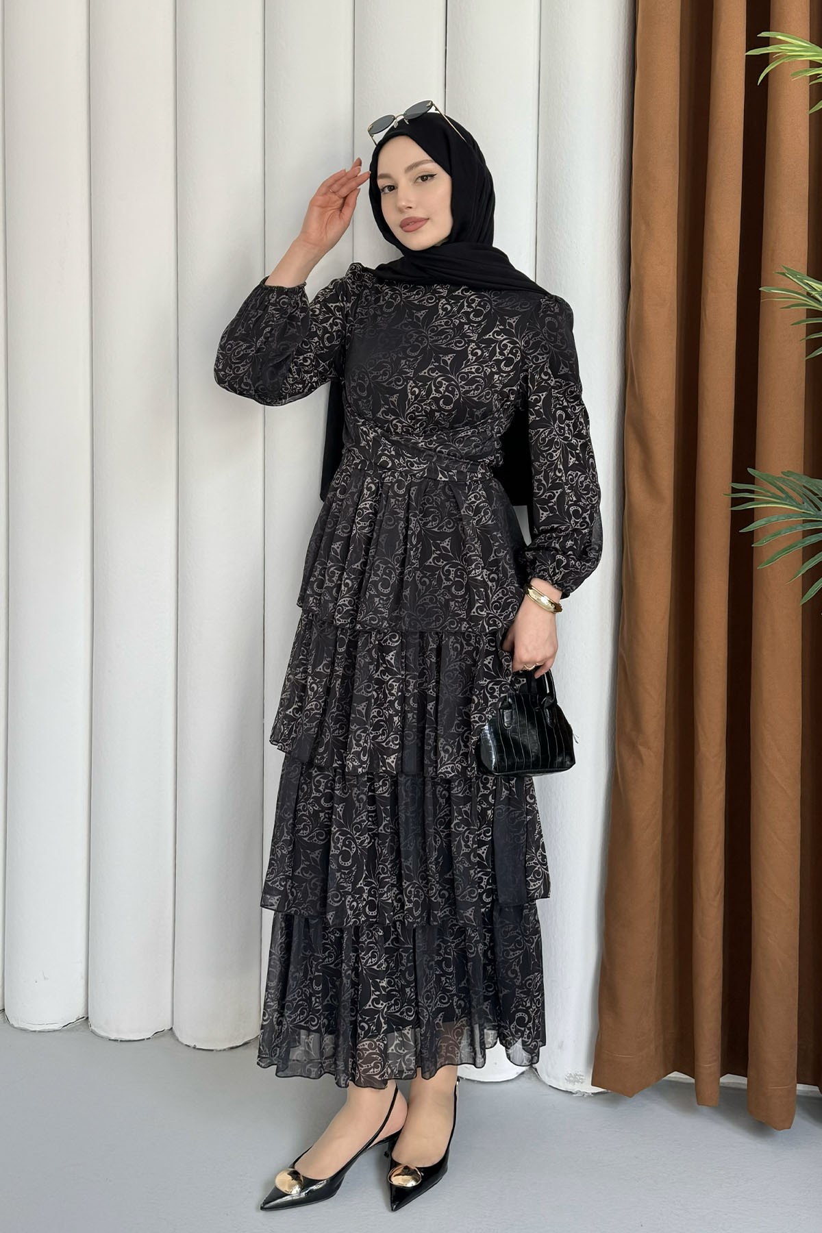 Etnik Desen Kat Katlı Şifon Tesettür Elbise-SİYAH