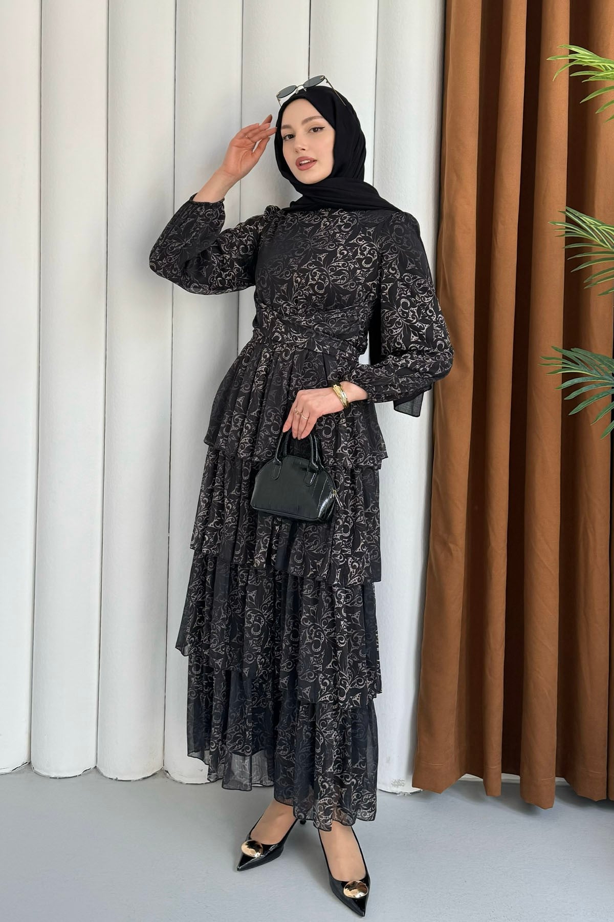 Etnik Desen Kat Katlı Şifon Tesettür Elbise-SİYAH