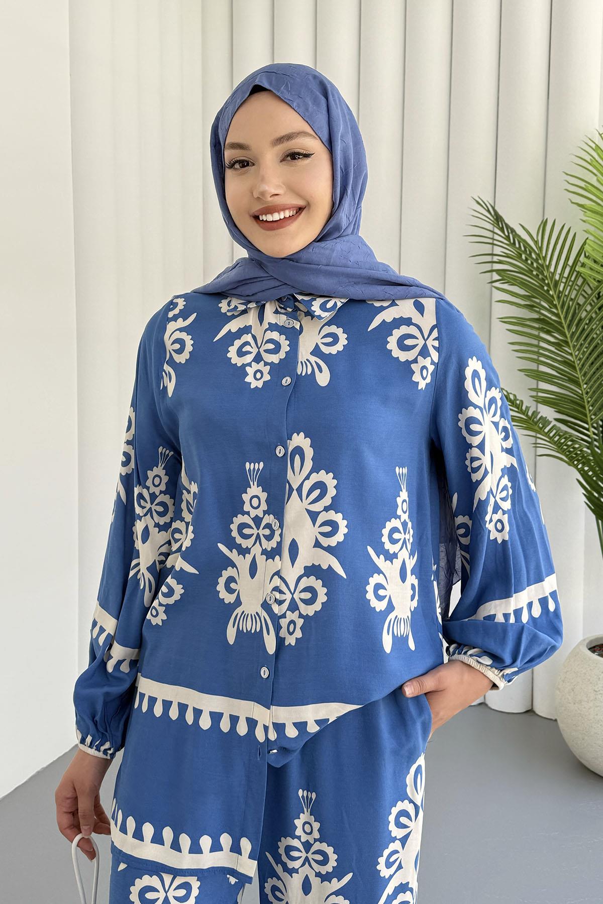 Etnik Desenli  Viskon Kumaş Tesettür Takım-MAVİ