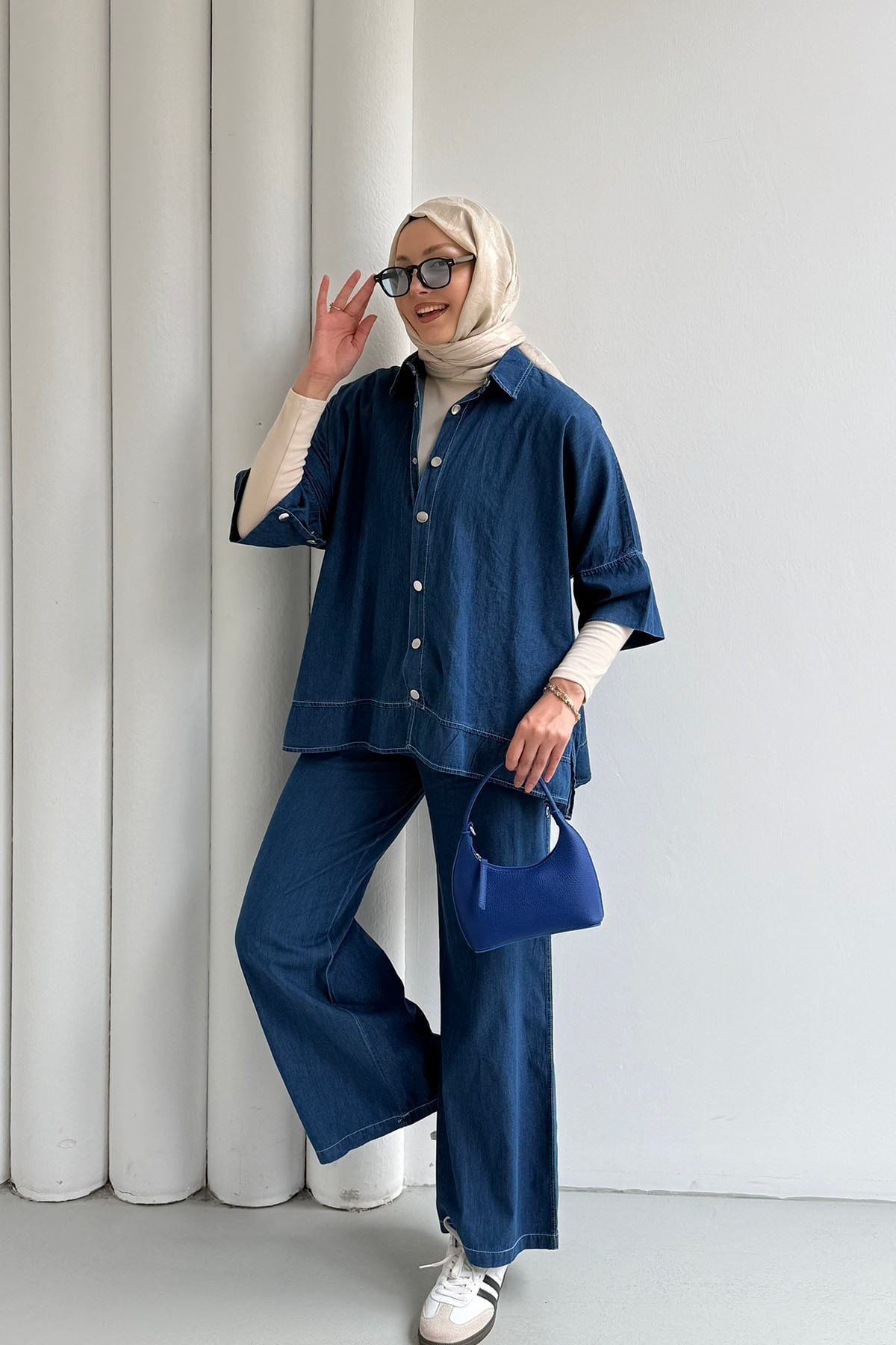Fakir Kol Detaylı Denim Pantolonlu Tesettür Takım-KOYU MAVİ