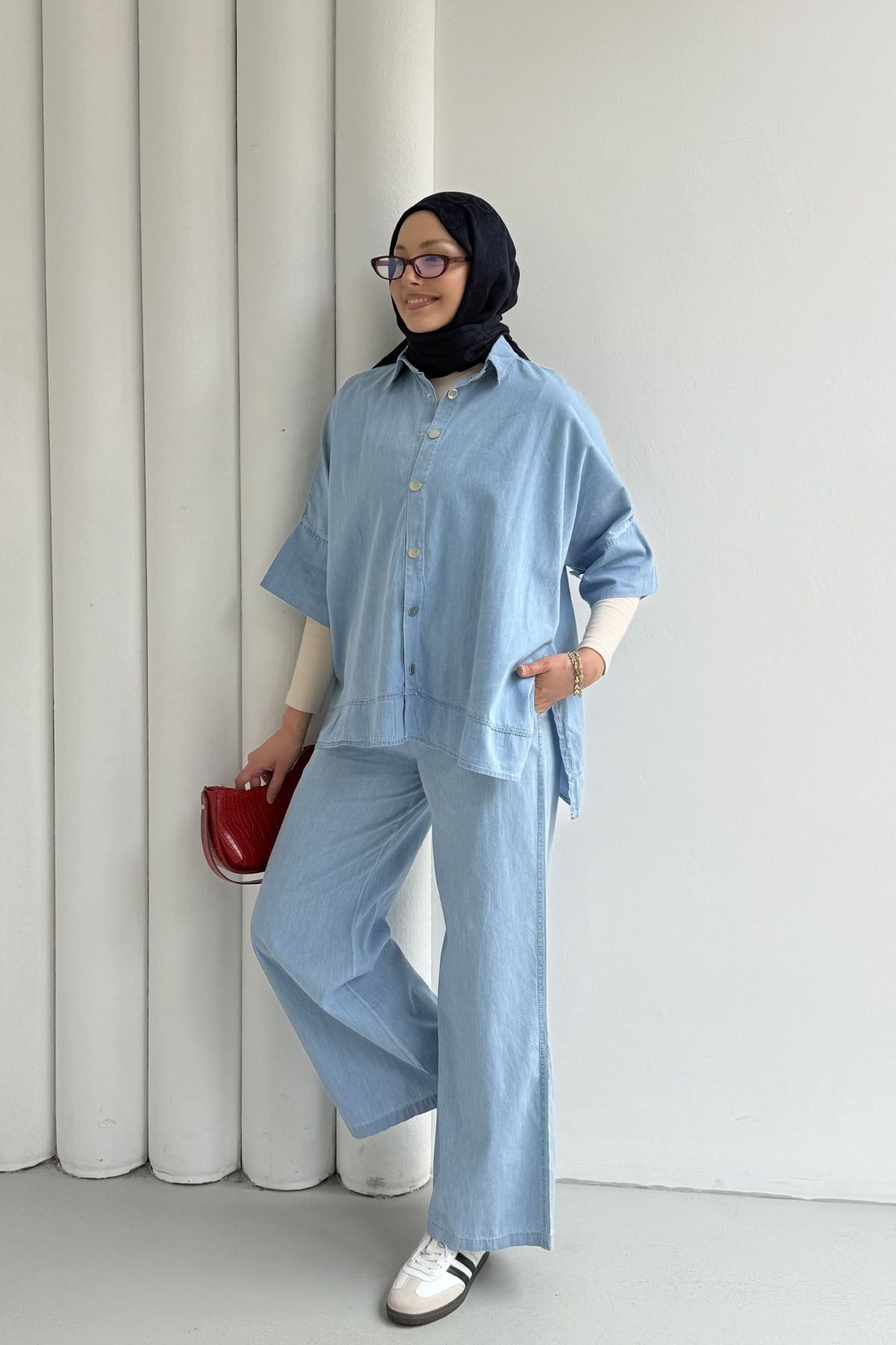 Fakir Kol Detaylı Denim Pantolonlu Tesettür Takım-AÇIK MAVİ