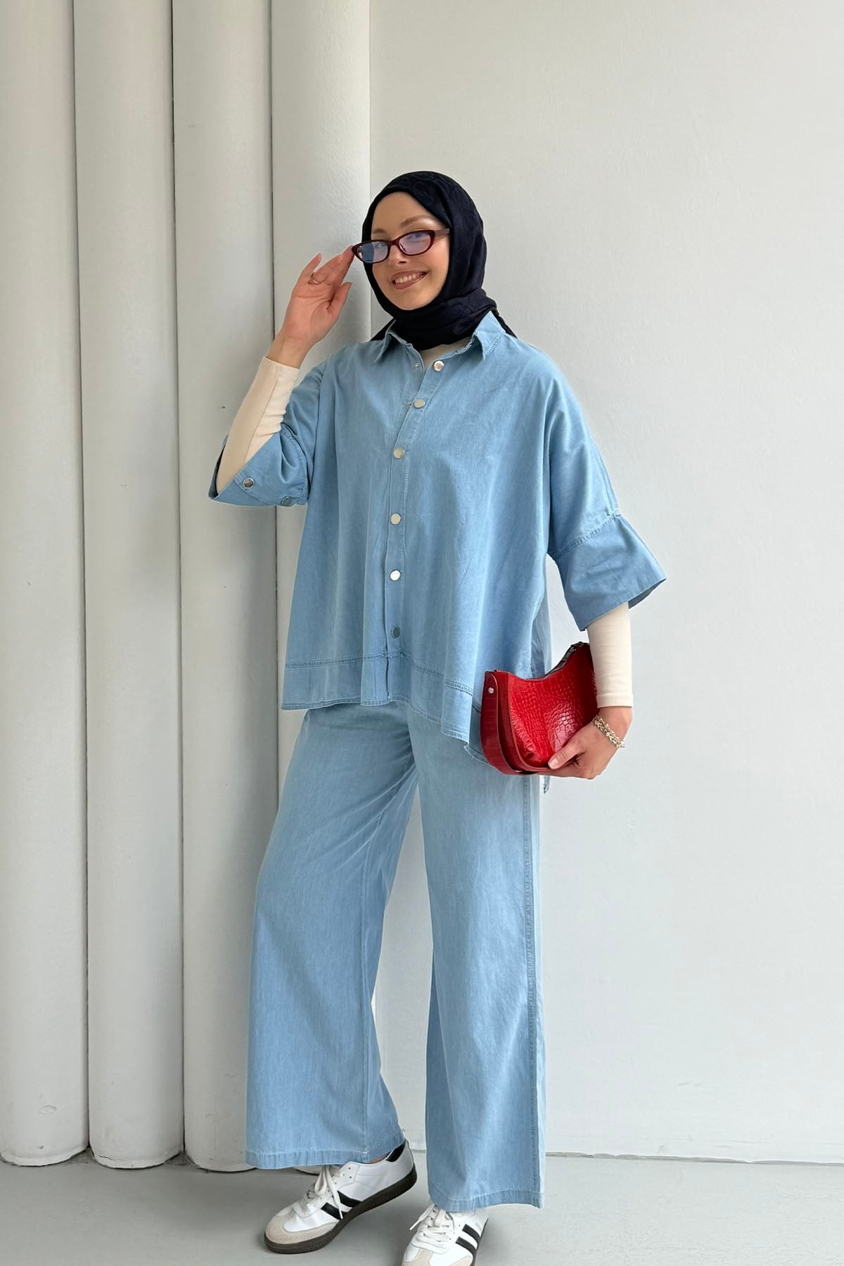 Fakir Kol Detaylı Denim Pantolonlu Tesettür Takım-AÇIK MAVİ