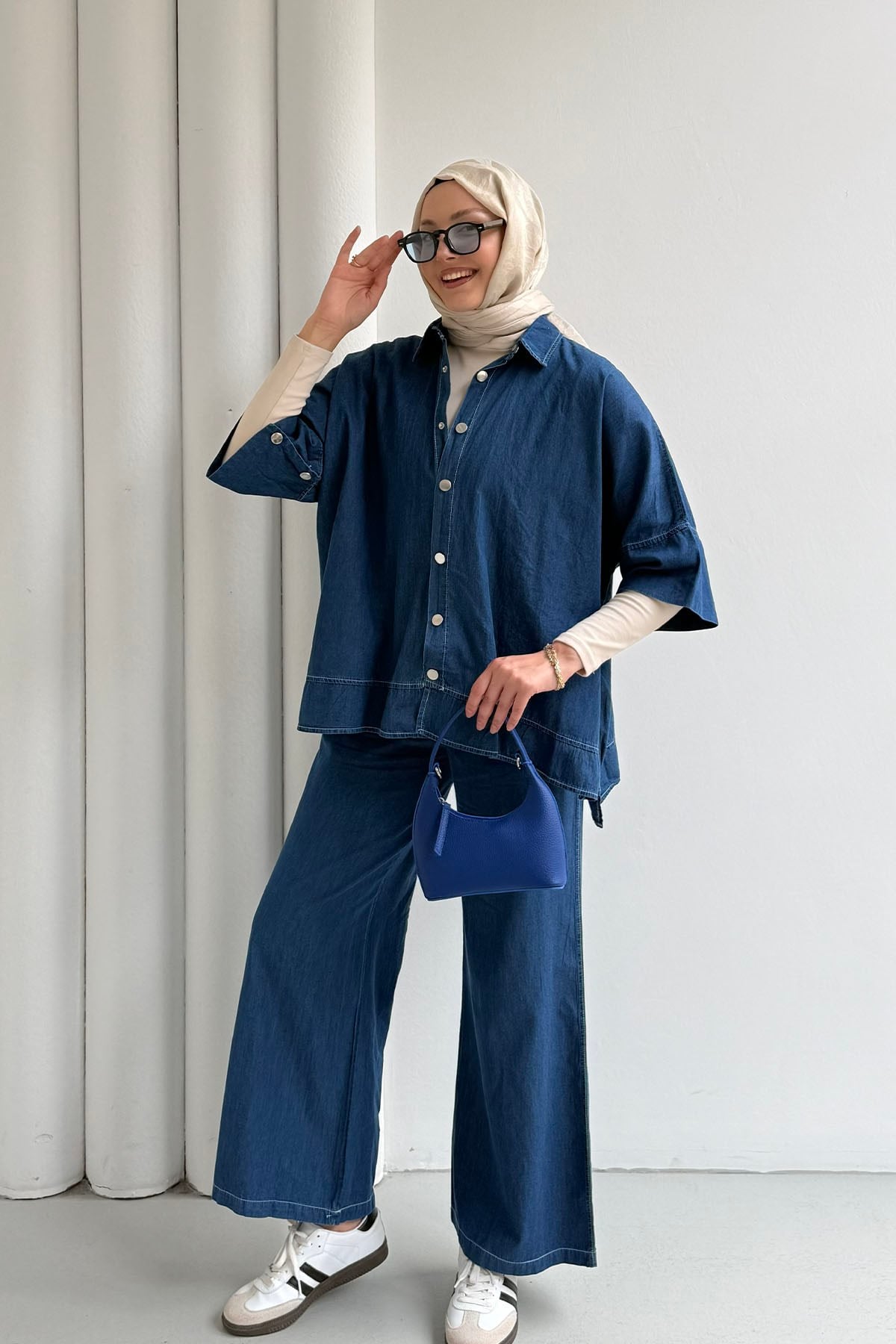 Fakir Kol Detaylı Denim Pantolonlu Tesettür Takım-KOYU MAVİ