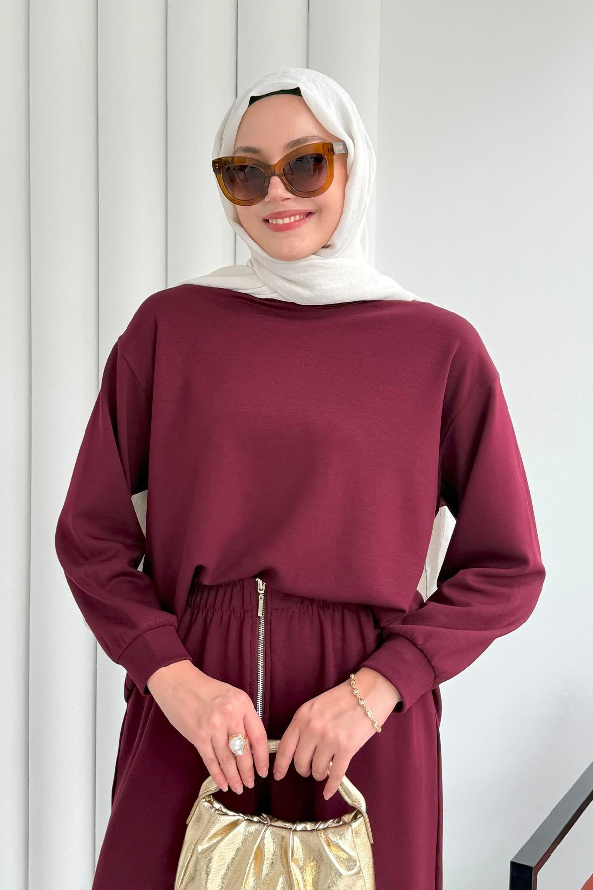 Fermuar Detaylı Pantolonlu Tesettür Takım-BORDO