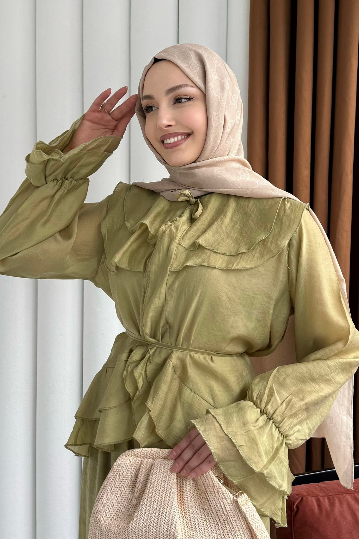 Fırfır Detaylı Bağlamalı Pantolon Tesettür Takım-YAĞ YEŞİLİ