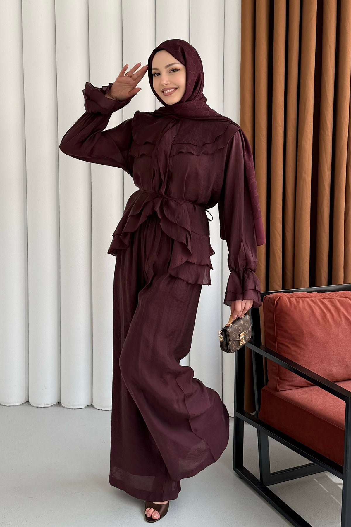 Fırfır Detaylı Bağlamalı Pantolon Tesettür Takım-BORDO