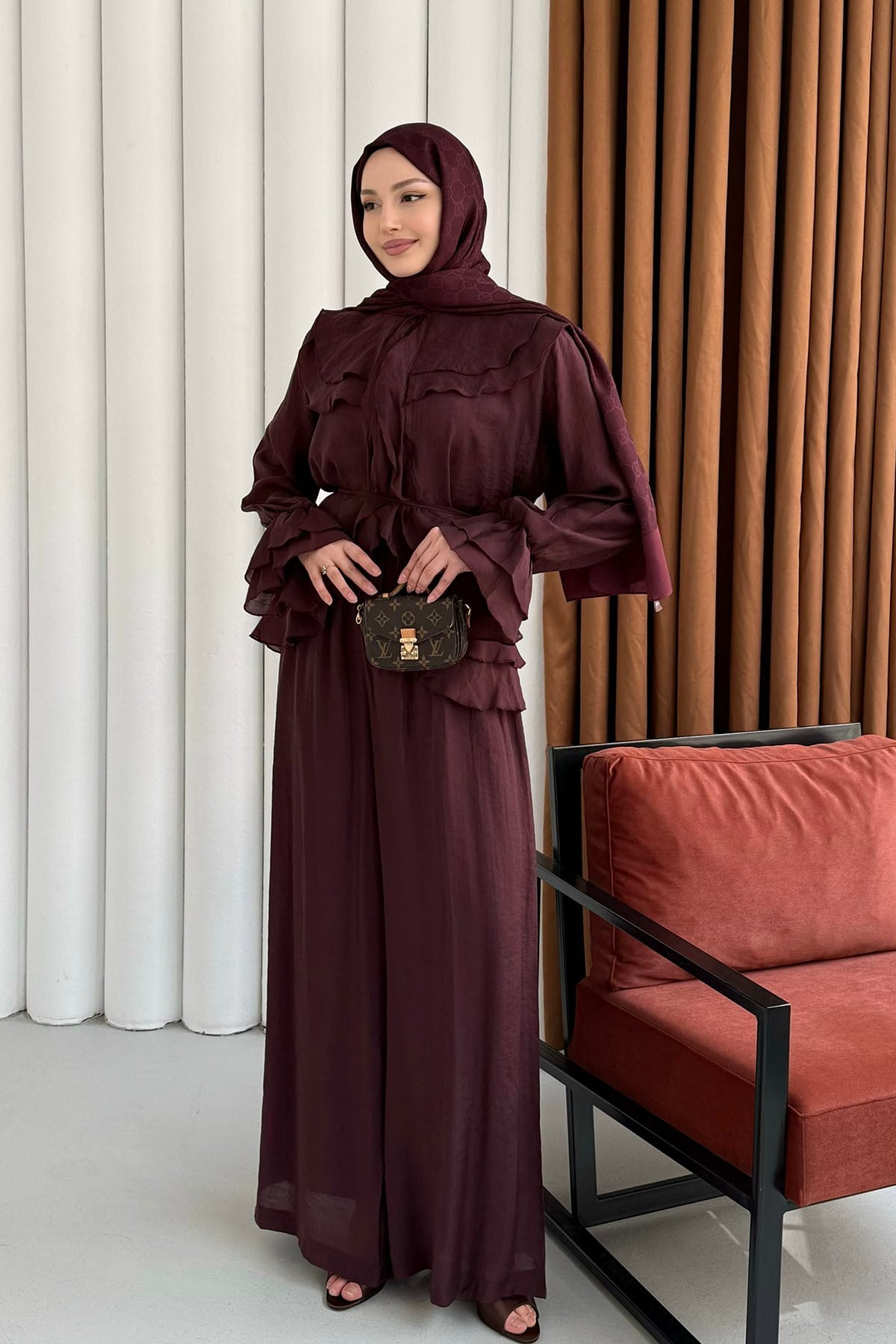 Fırfır Detaylı Bağlamalı Pantolon Tesettür Takım-BORDO