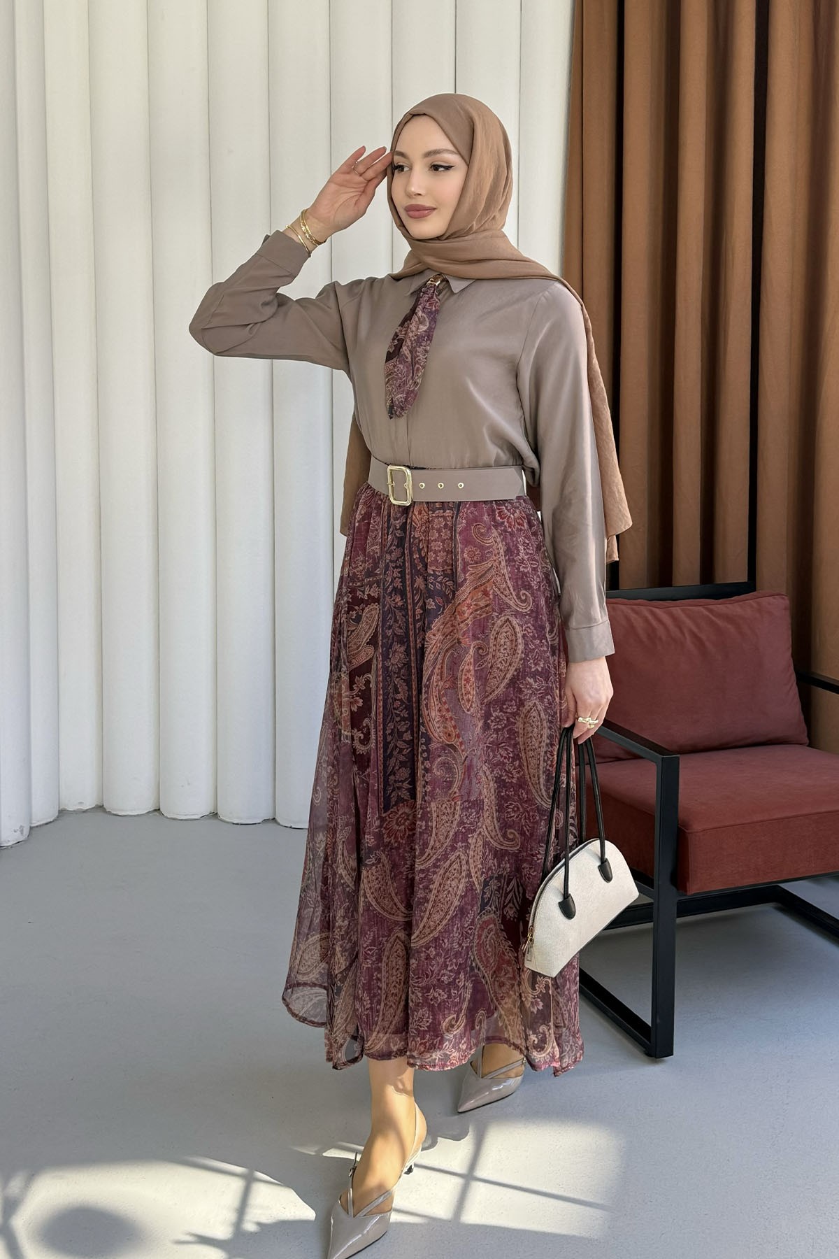 Fular Detaylı Şifon Etekli Tesettür Takım-VİZON