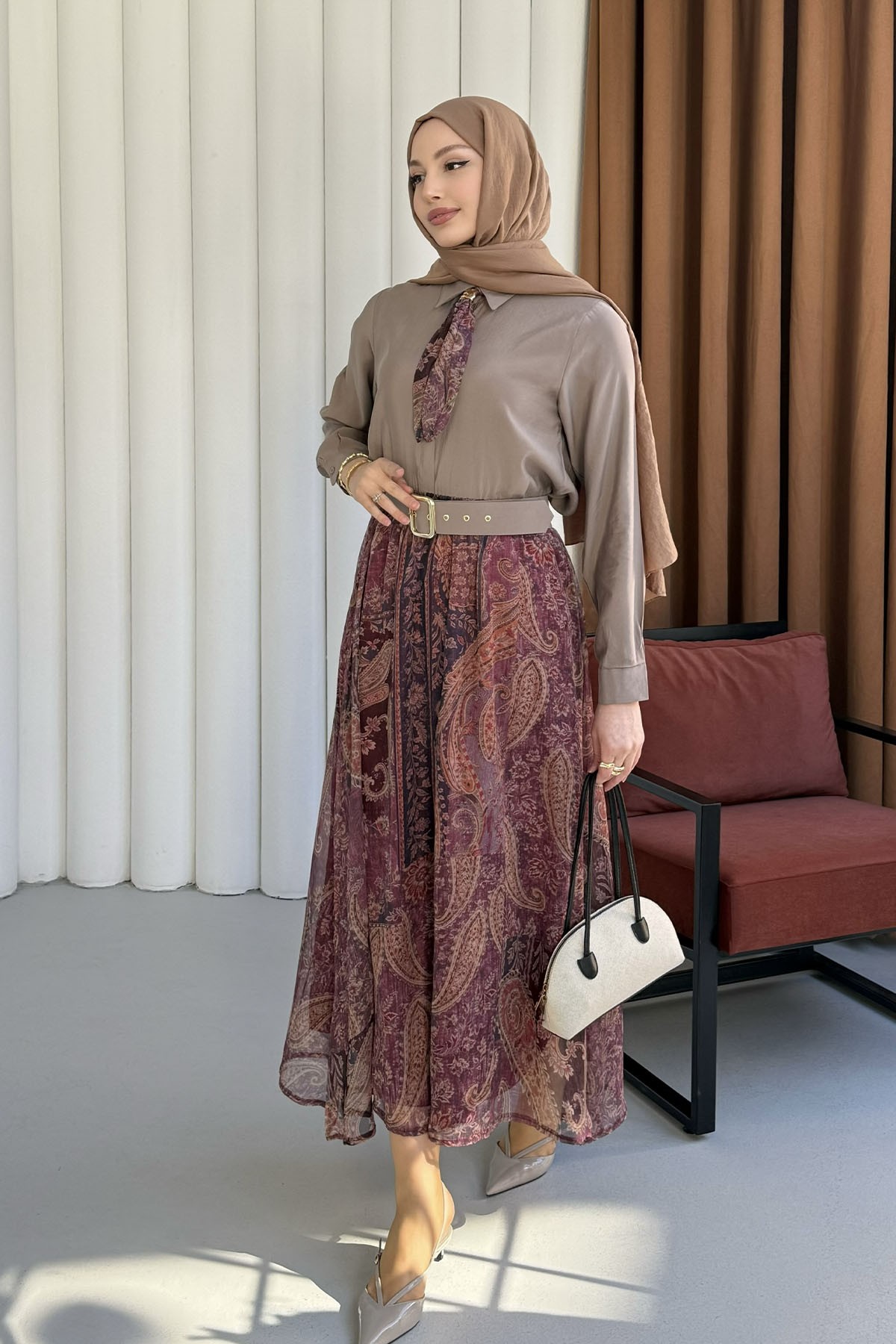 Fular Detaylı Şifon Etekli Tesettür Takım-VİZON