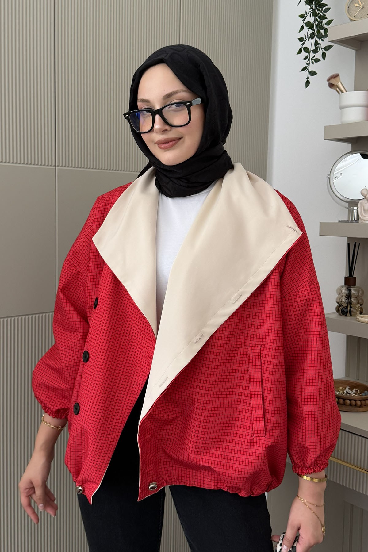 Garni Detaylı Ekose Bomber Ceket-KIRMIZI