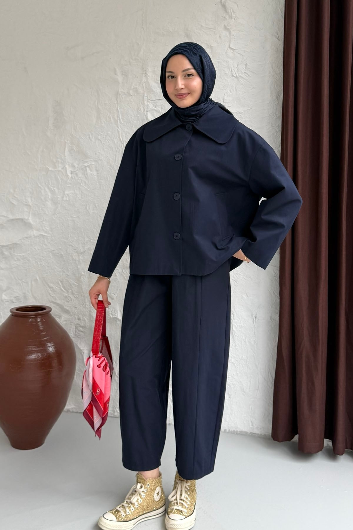 Geniş Bebe Yaka Ceketli Pantolonlu Tesettür Takım-LACİVERT