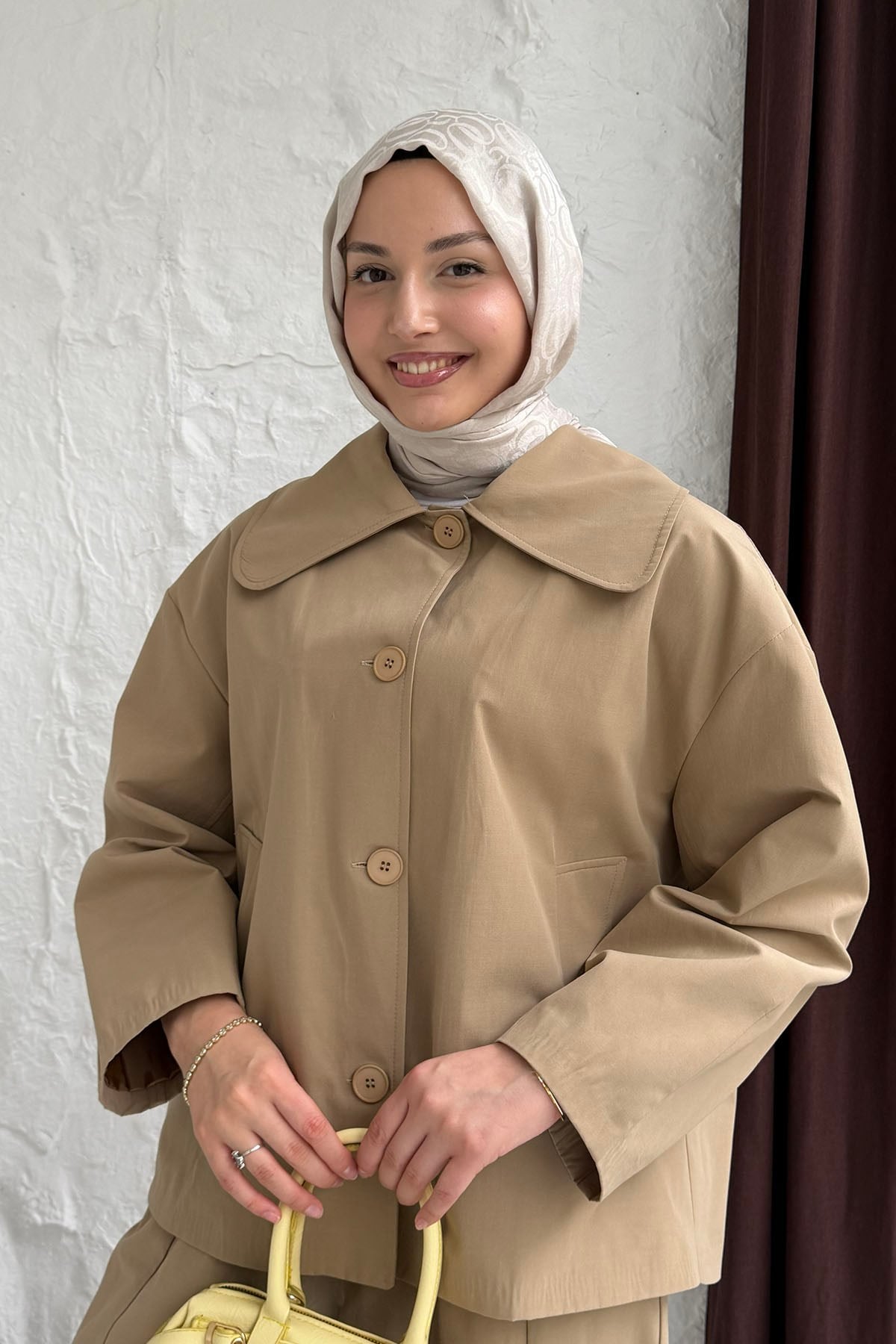 Geniş Bebe Yaka Ceketli Pantolonlu Tesettür Takım-CAMEL