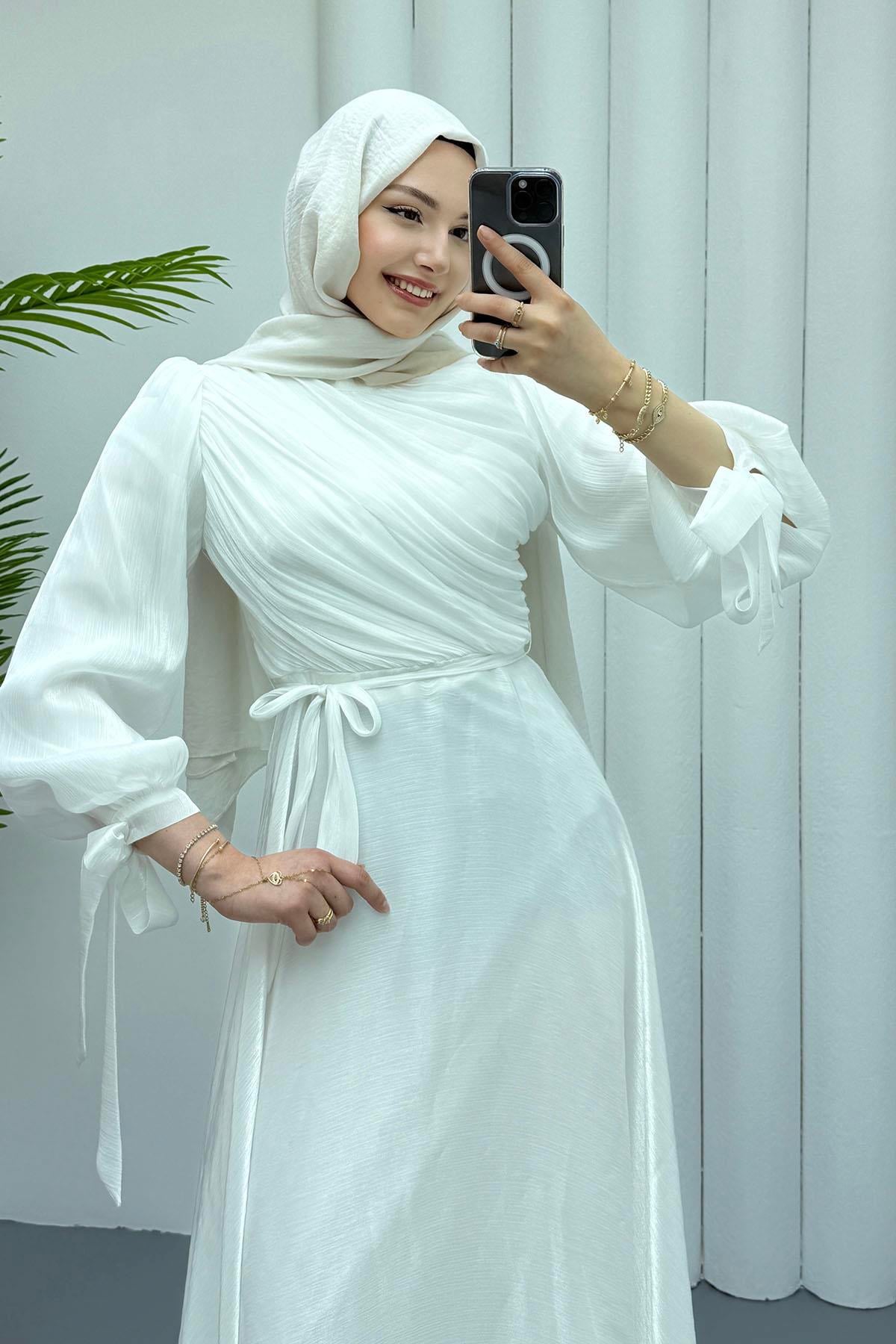 Gögüs Drapeli Kolları Bağlamalı Jan Jan Tesettür Abiye-BEYAZ