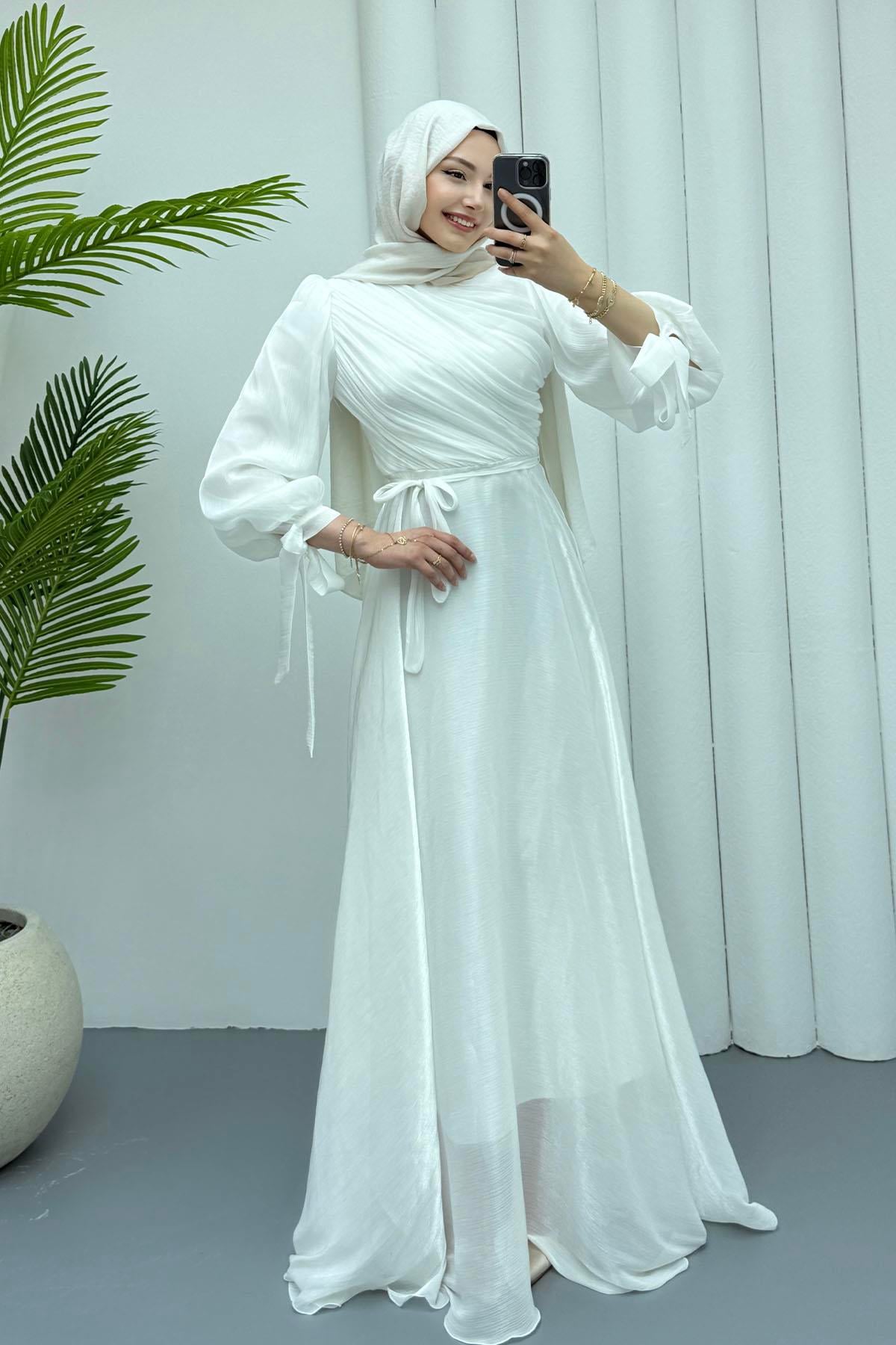 Gögüs Drapeli Kolları Bağlamalı Jan Jan Tesettür Abiye-BEYAZ