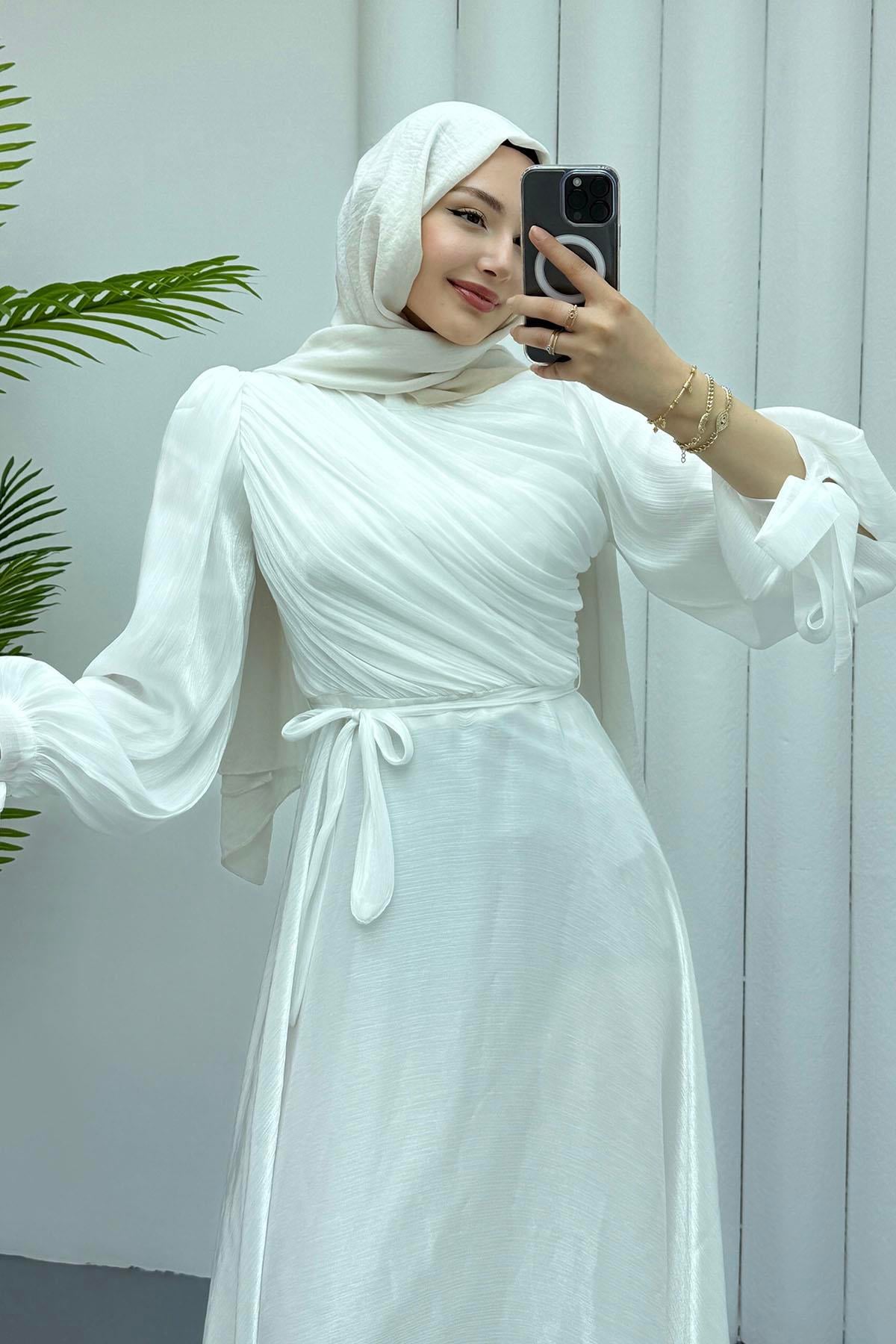 Gögüs Drapeli Kolları Bağlamalı Jan Jan Tesettür Abiye-BEYAZ