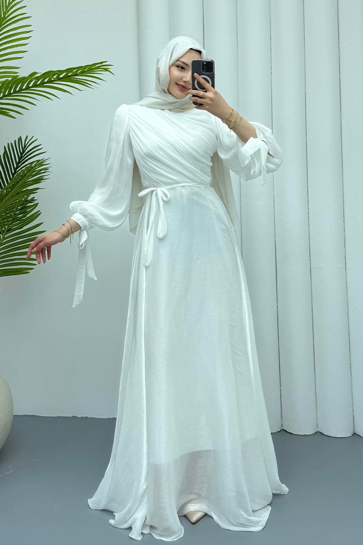 Gögüs Drapeli Kolları Bağlamalı Jan Jan Tesettür Abiye-BEYAZ