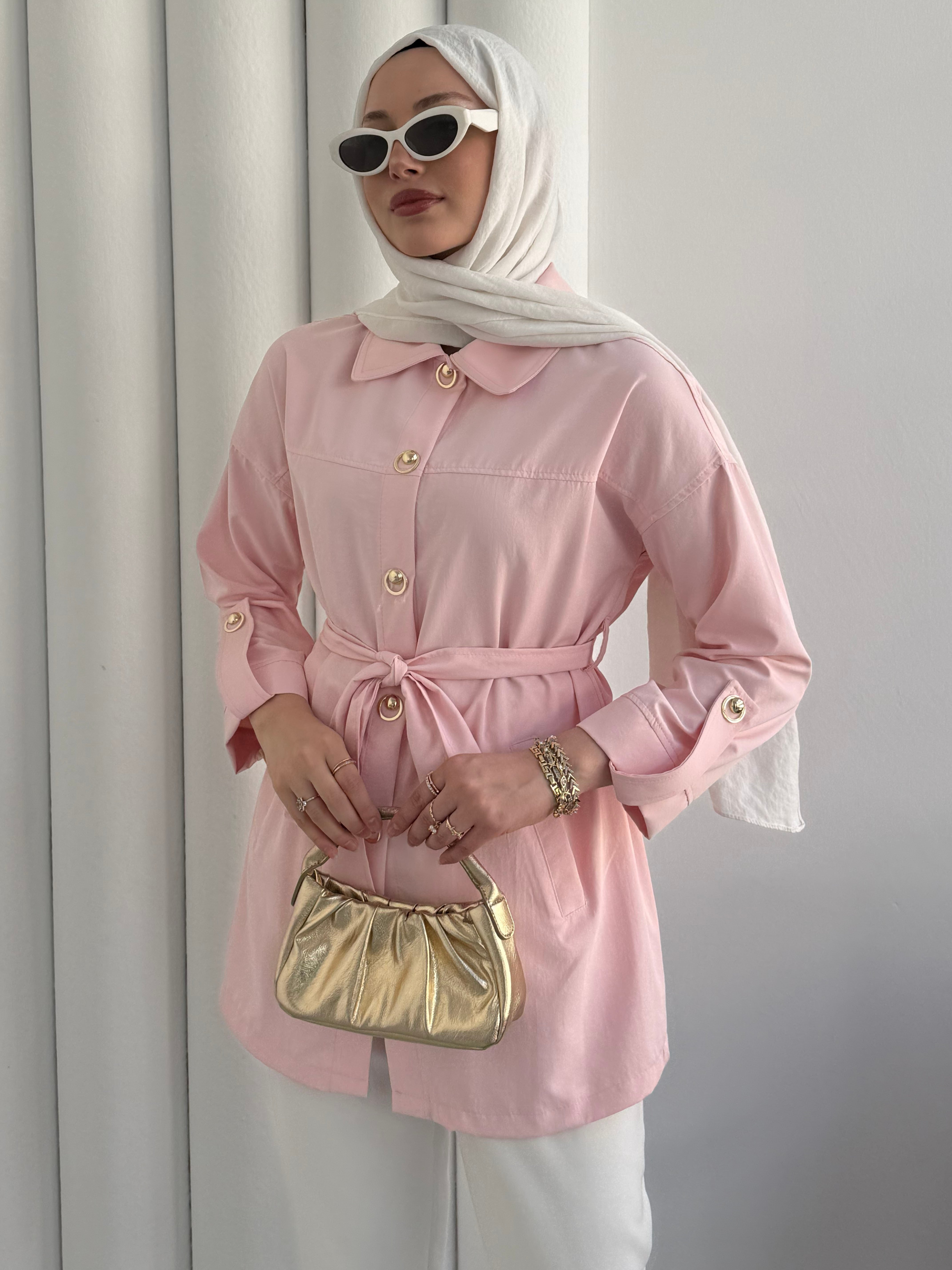 Gold Düğme Aksesuar Detaylı Çıt Çıtlı Kuşaklı Kap-PEMBE