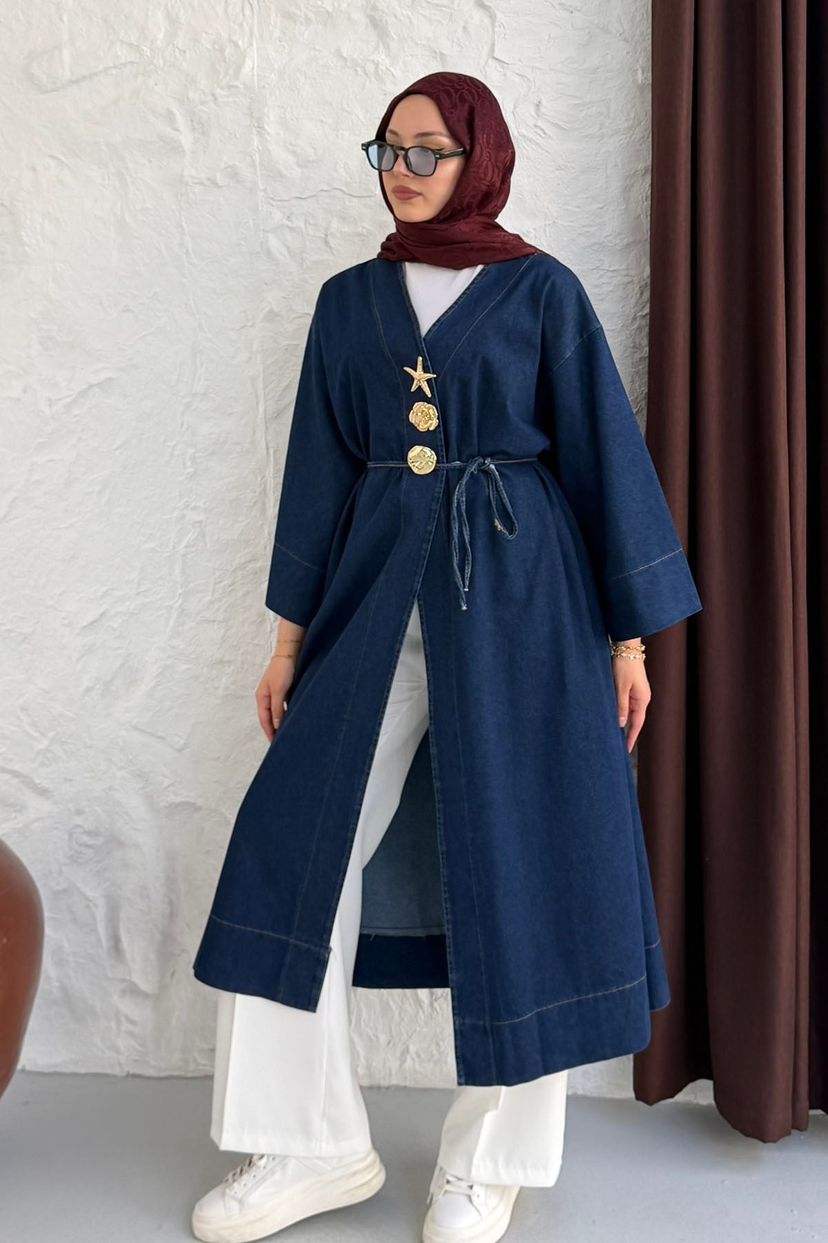 Gold Düğme Detaylı Denim Kimono-KOYU MAVİ
