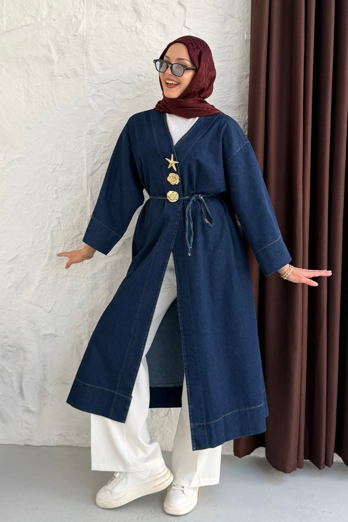 Gold Düğme Detaylı Denim Kimono-KOYU MAVİ