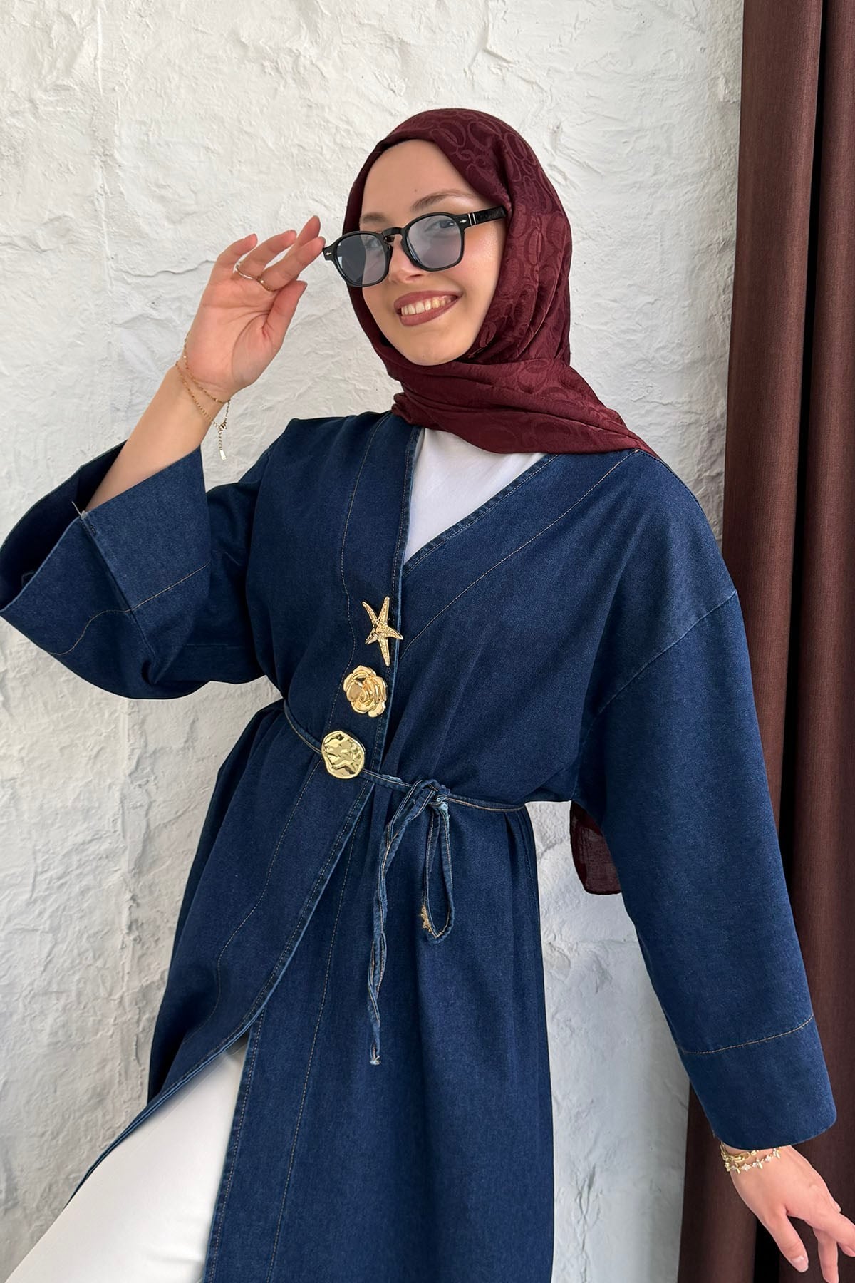 Gold Düğme Detaylı Denim Kimono-KOYU MAVİ