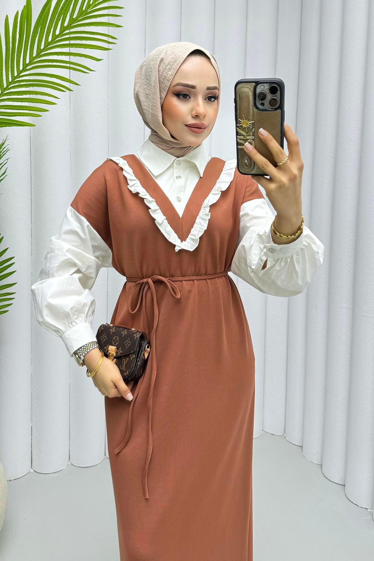 Gömlek Detaylı Biye Kemerli Tesettür Elbise-KİREMİT