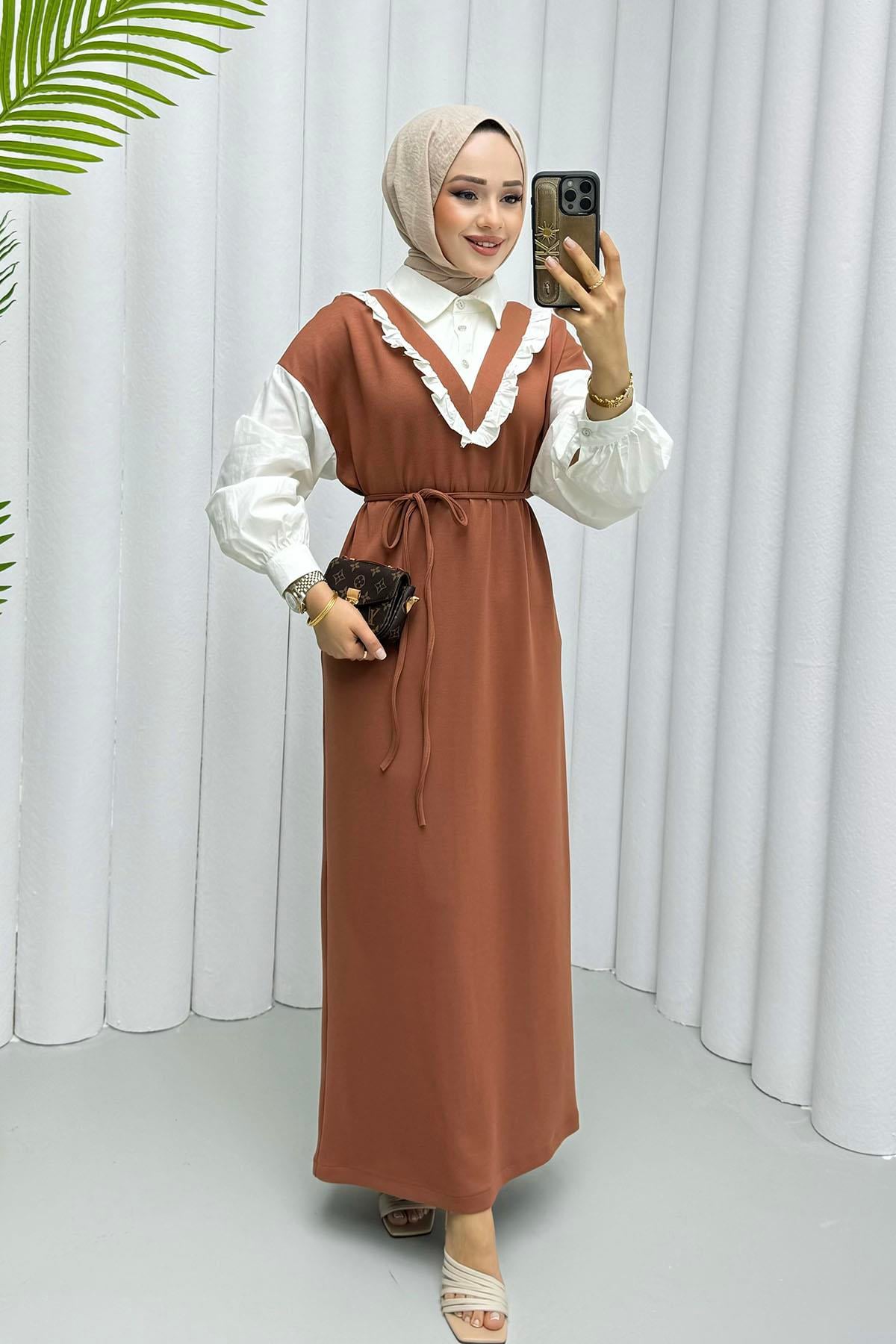 Gömlek Detaylı Biye Kemerli Tesettür Elbise-KİREMİT