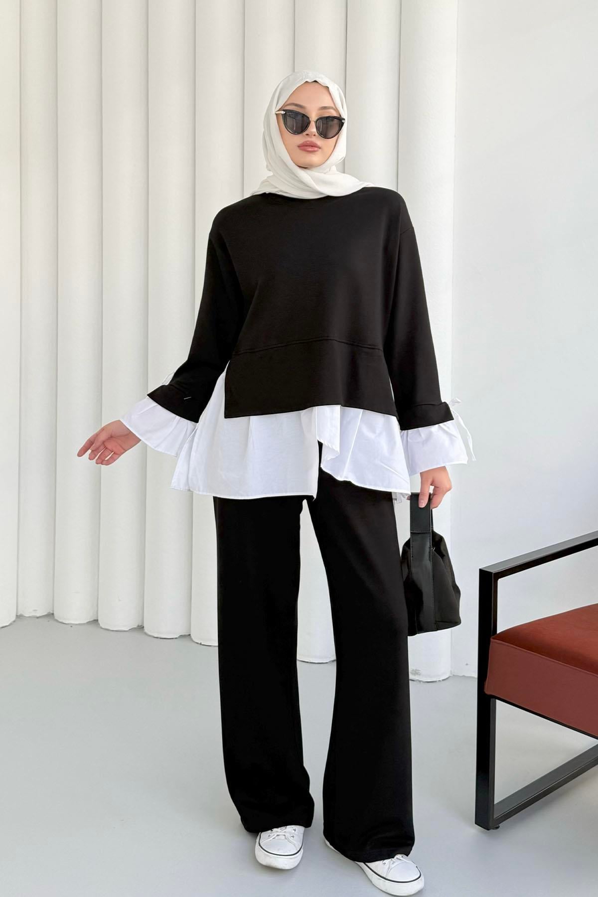 Gömlek Detaylı Pantolonlu Tesettür Takım-SİYAH