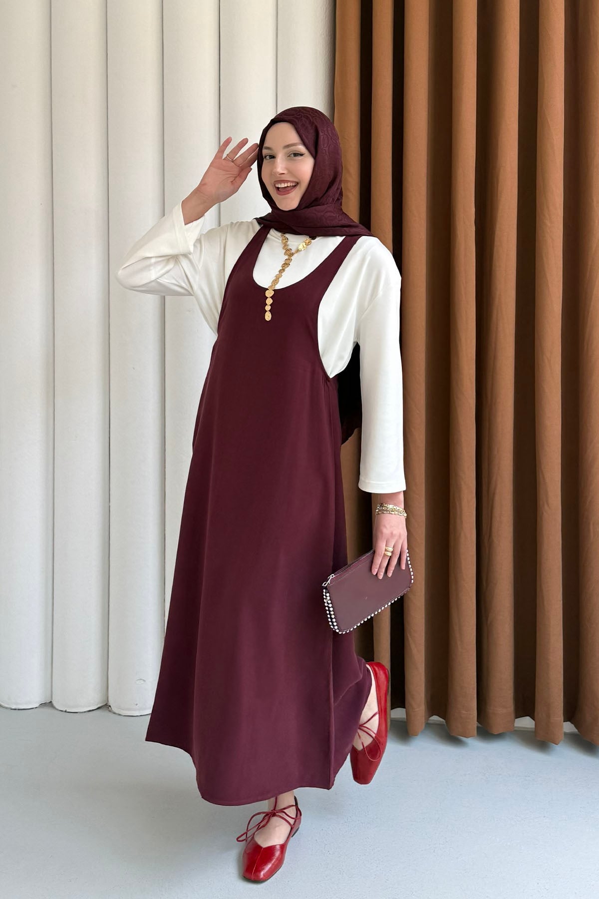 İçlik Kombinli Jile Tesettür Elbise-BORDO