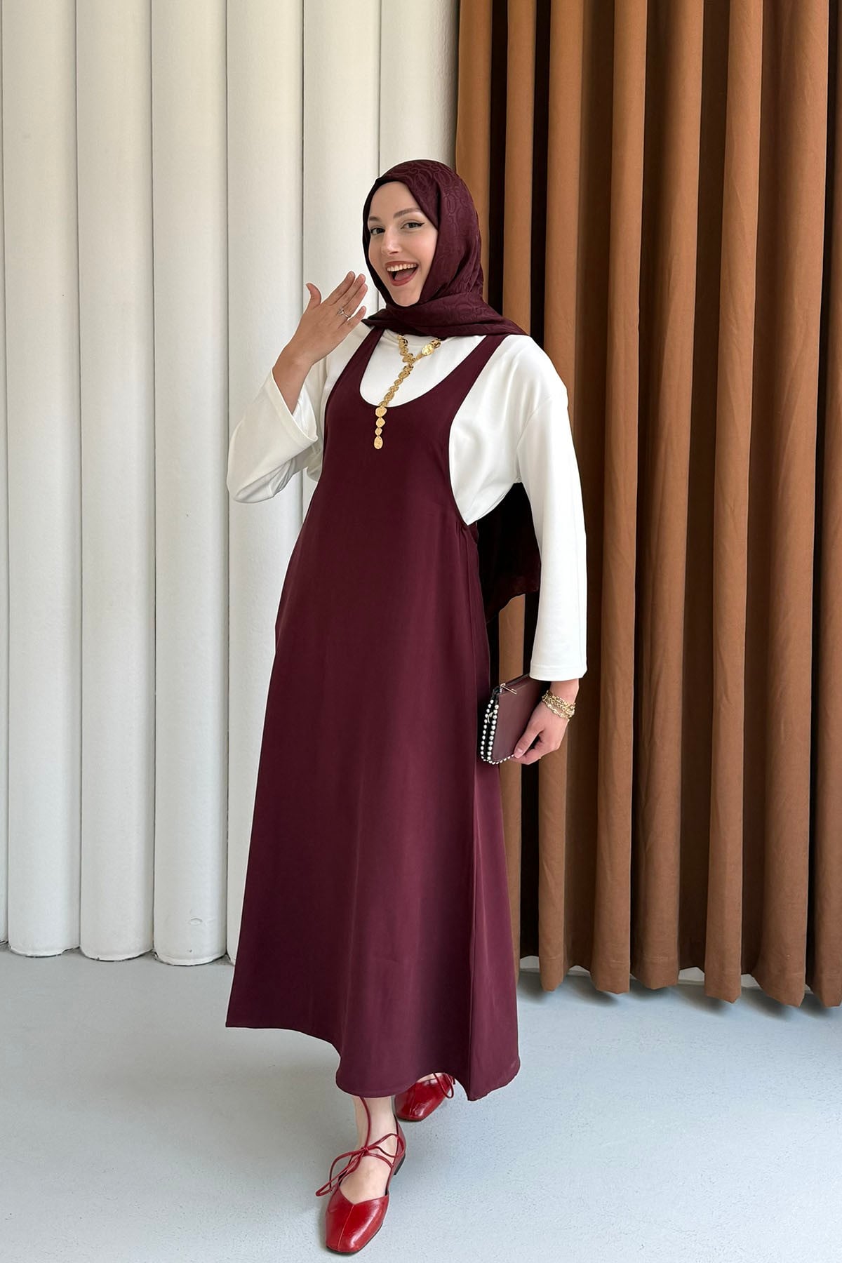 İçlik Kombinli Jile Tesettür Elbise-BORDO