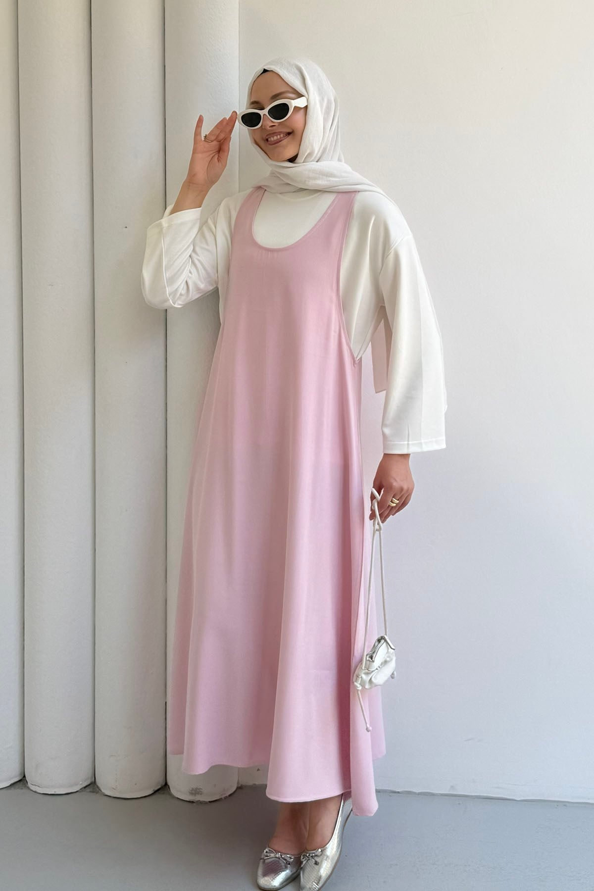 İçlik Kombinli Jile Tesettür Elbise-PEMBE