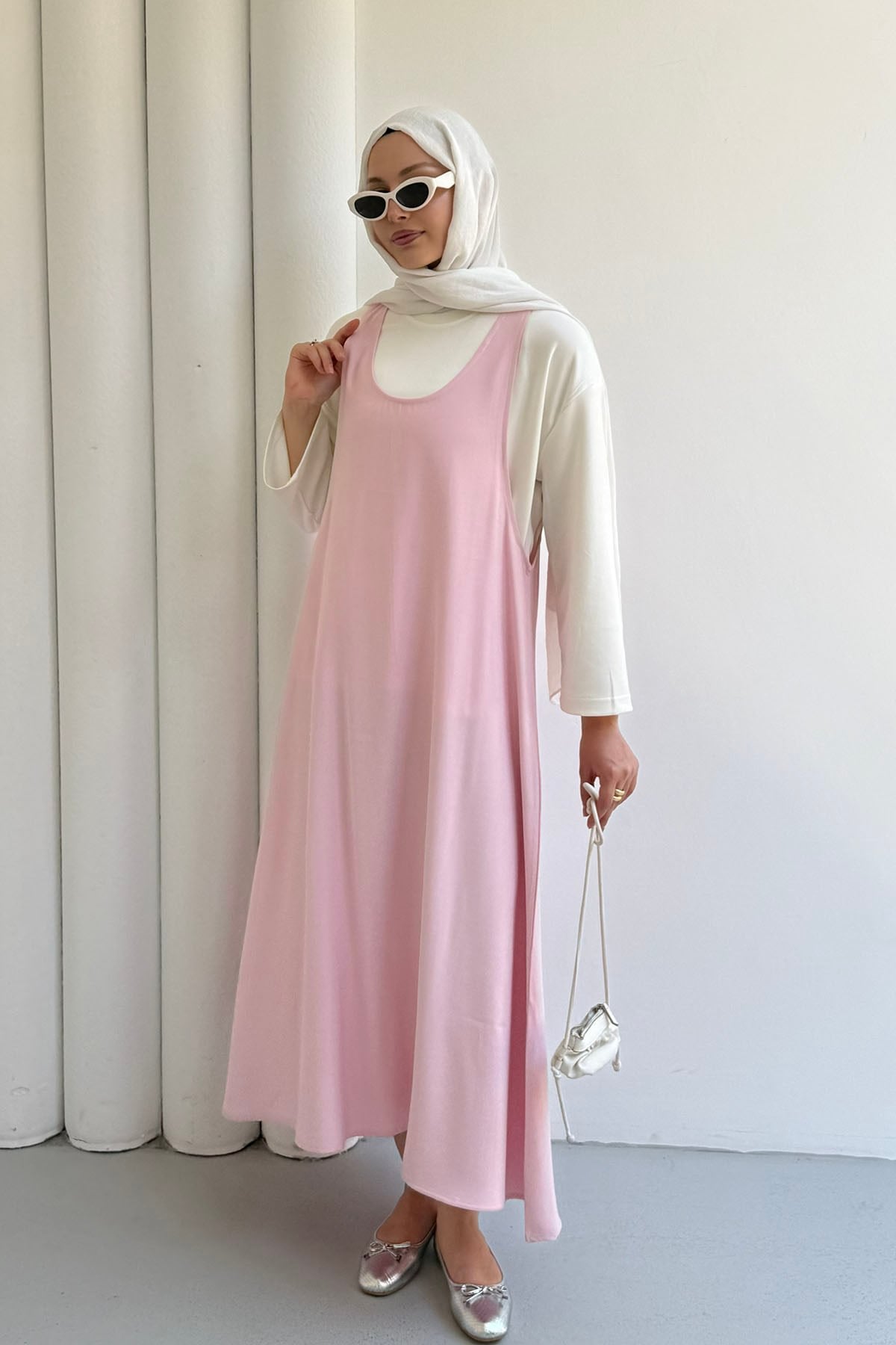 İçlik Kombinli Jile Tesettür Elbise-PEMBE
