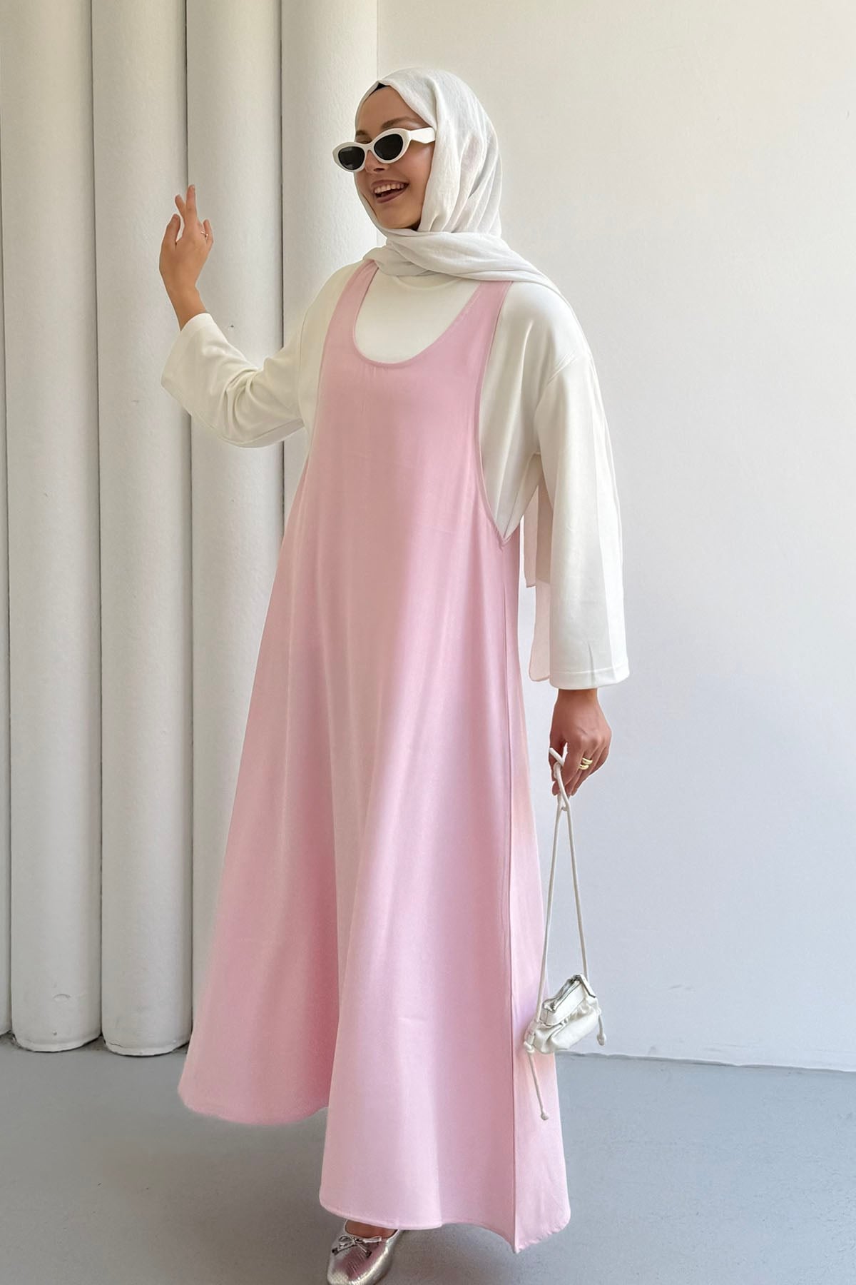 İçlik Kombinli Jile Tesettür Elbise-PEMBE