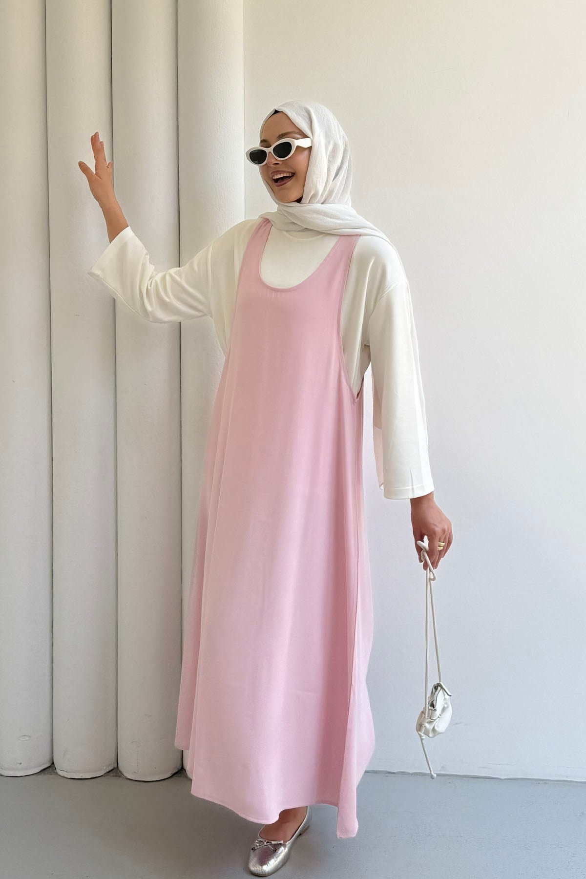 İçlik Kombinli Jile Tesettür Elbise-PEMBE