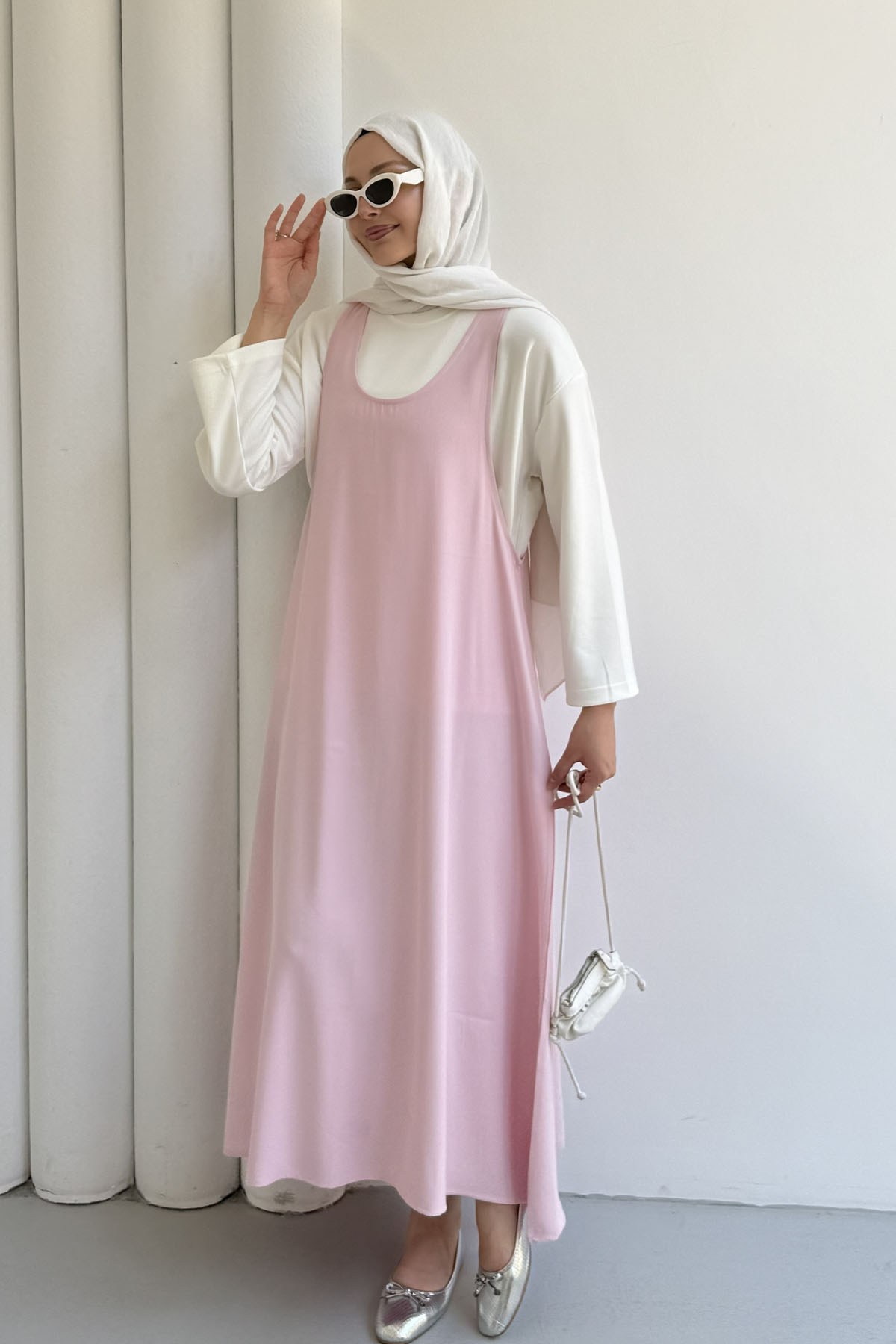 İçlik Kombinli Jile Tesettür Elbise-PEMBE