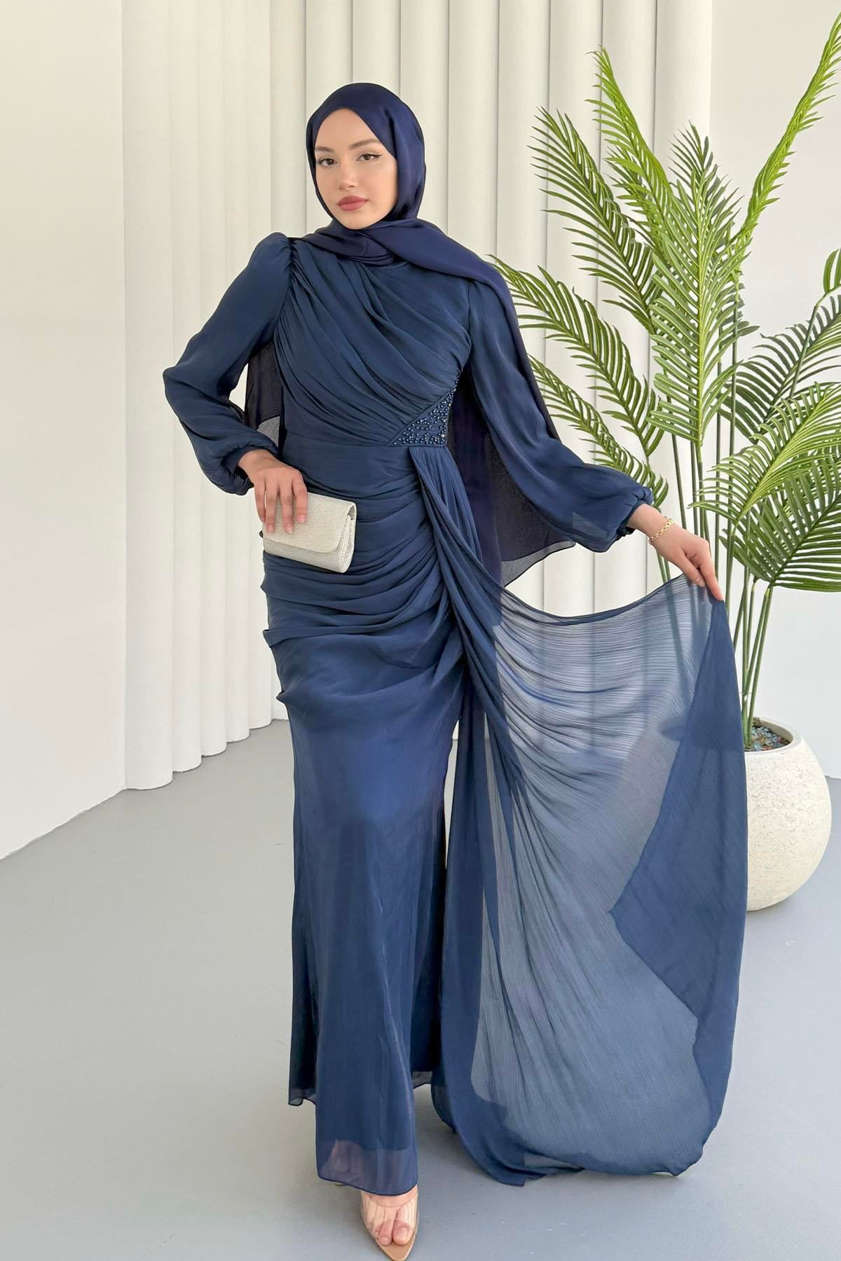 İnci İşlemeli Balon Kol Şifon Tesettür Abiye-LACİVERT