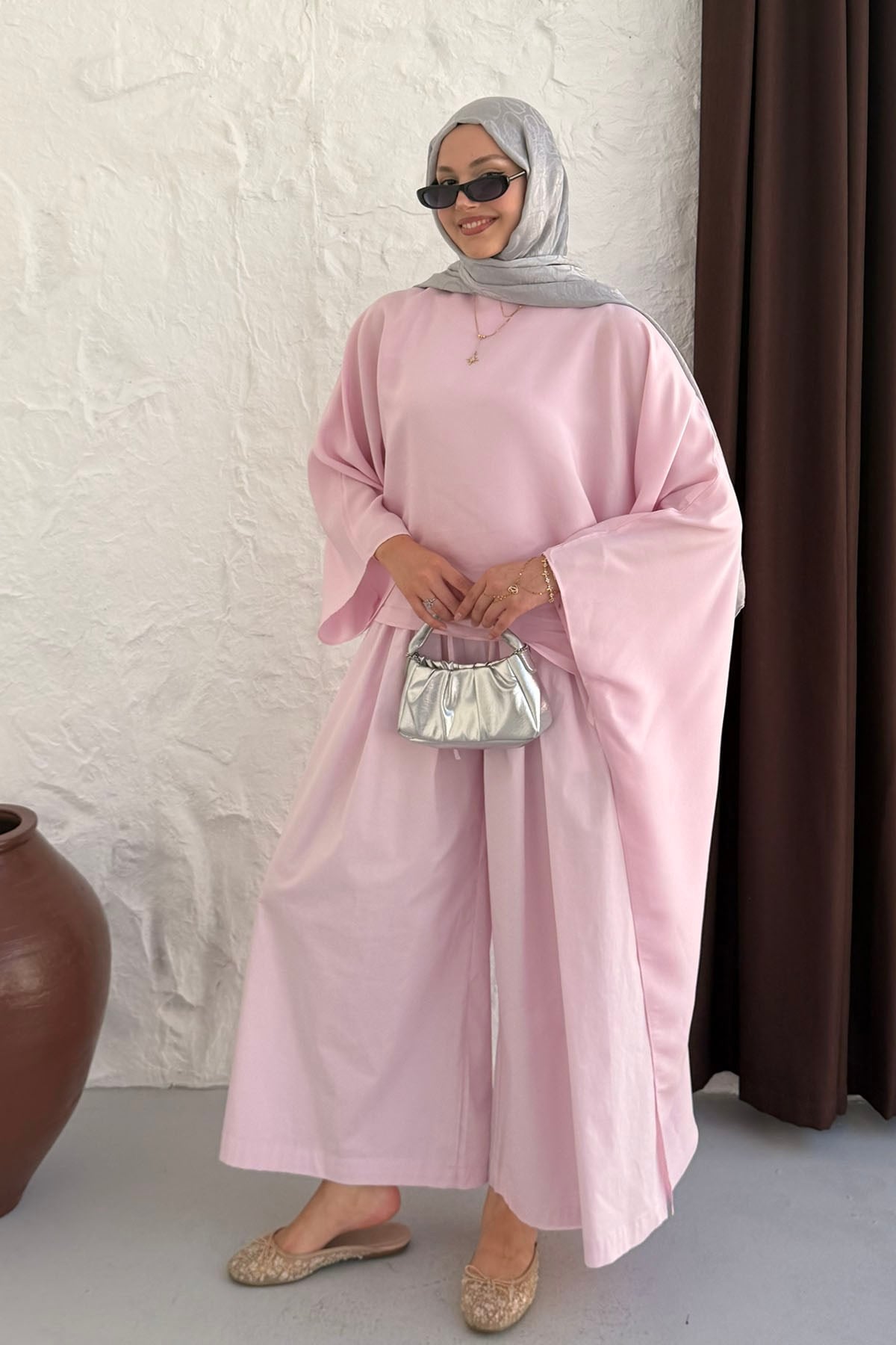 İspanyol Kol Asimetrik Kesim Panço Tunik-PEMBE