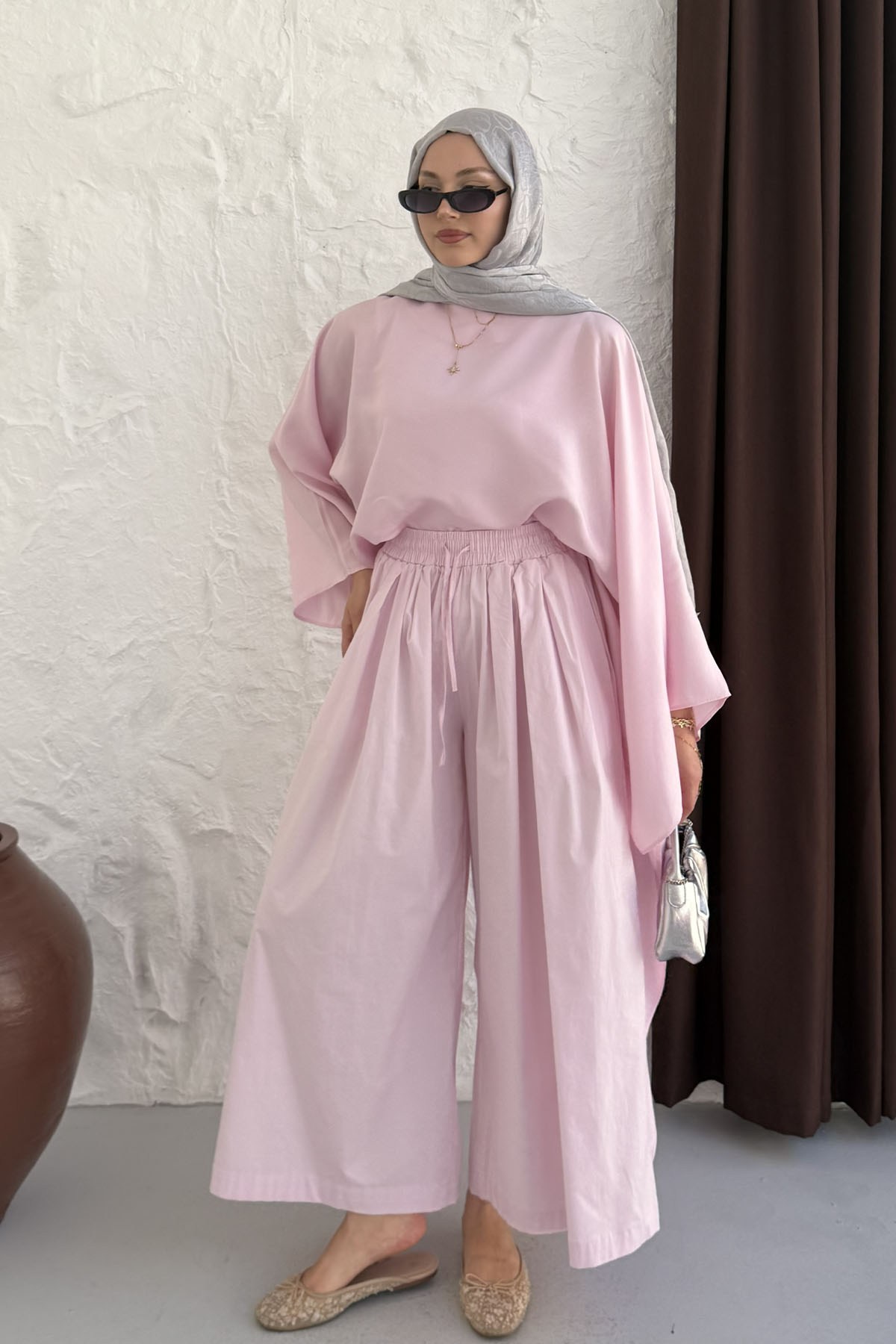 İspanyol Kol Asimetrik Kesim Panço Tunik-PEMBE