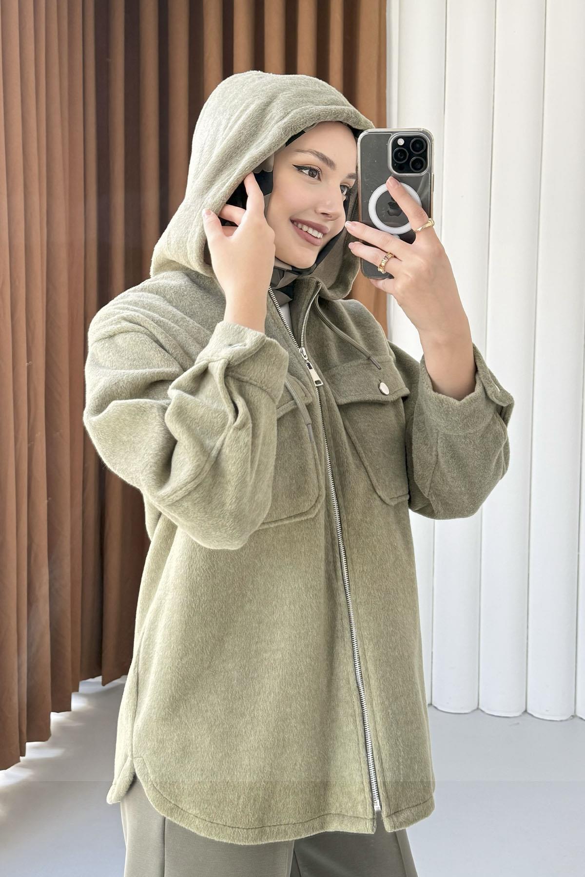 Kapüşonlu Kaşe Sweatshirt-HAKİ YEŞİL