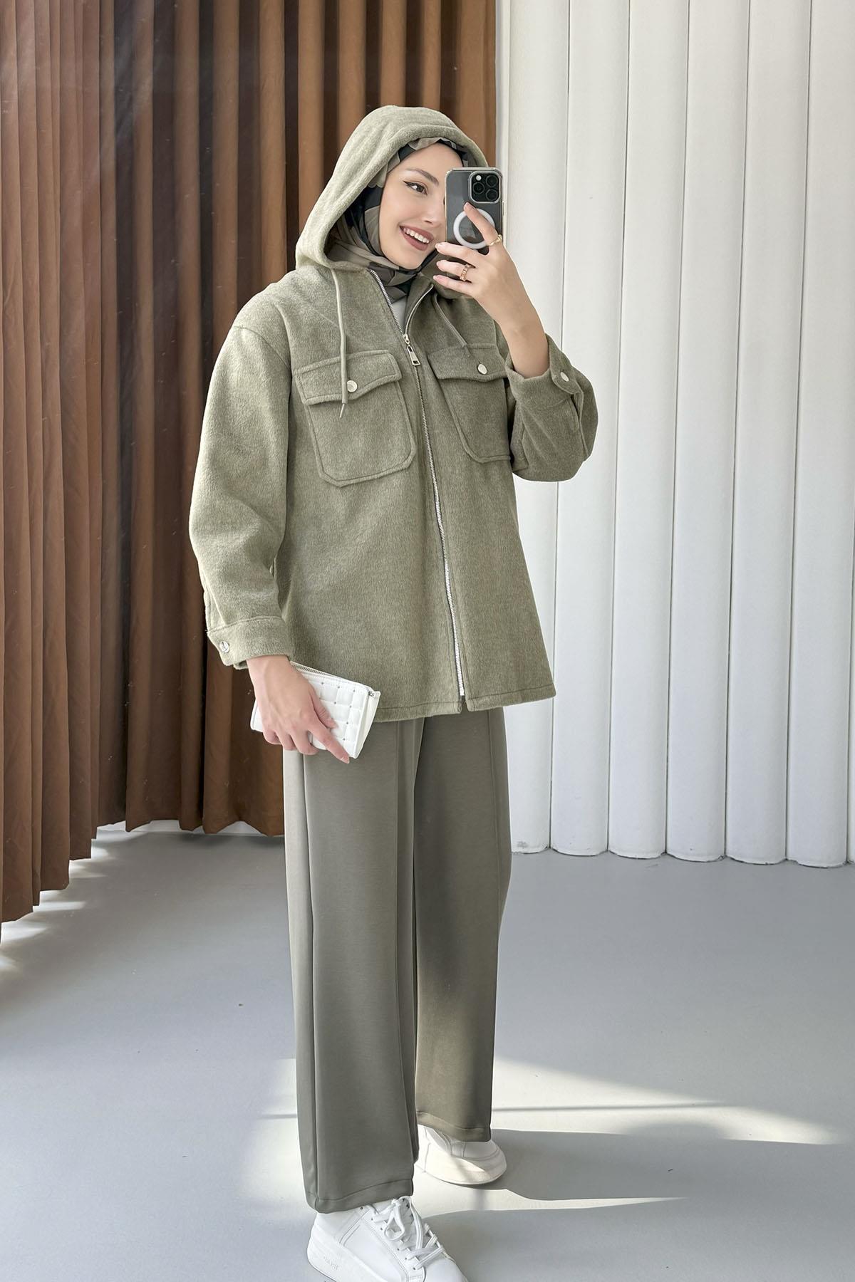 Kapüşonlu Kaşe Sweatshirt-HAKİ YEŞİL