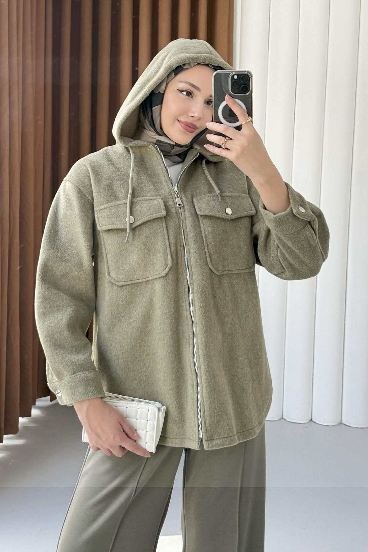 Kapüşonlu Kaşe Sweatshirt-HAKİ YEŞİL